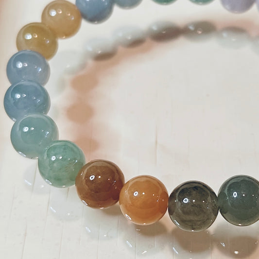 100% Untreated Genuine Type A Burmese Multi-Color Round Bead Jadeite Bracelet, 7.7mm, Handmade in Canada|天然缅甸莫兰迪色多宝翡翠圆珠手串