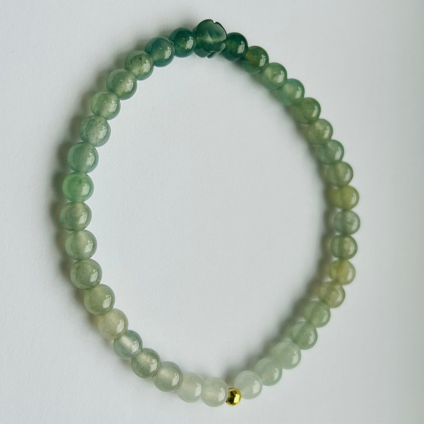 100% Untreated Genuine Type A Burmese Jadeite Bracelet, Gradient Color Green Jadeite Bracelet, Clover Shape Focal Bead, 4mm, Handmade in Canada|天然缅甸冰透渐变绿翡翠圆珠四叶草手串