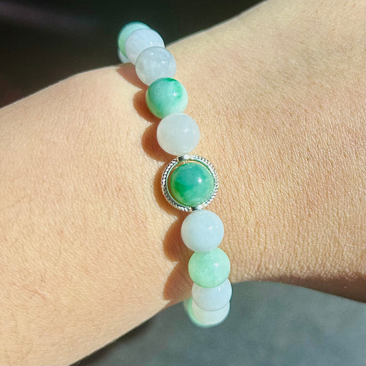100% Untreated Natural Type A Burmese Jadeite Green and White Round Beaded Bracelet, 8mm, Handmade in Canada|天然缅甸白绿撞色圆珠阳绿主珠翡翠手串