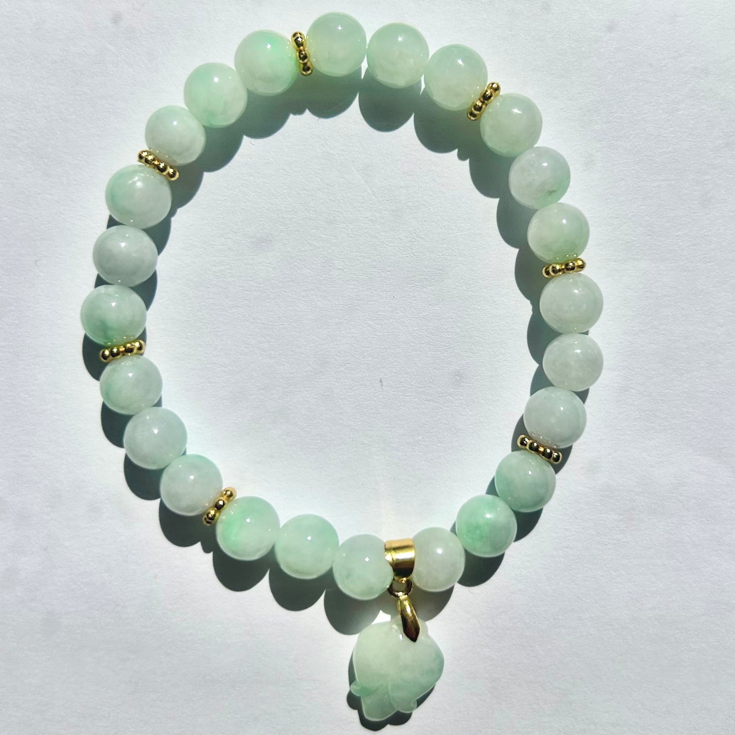 100% Untreated Genuine Type A Burmese Jadeite Bracelet, White Base with Floating Sunny Green Color Myanmar Jadeite Bracelet, 7+mm, Handmade in Canada|天然缅甸白底青飘阳绿翡翠圆珠手串