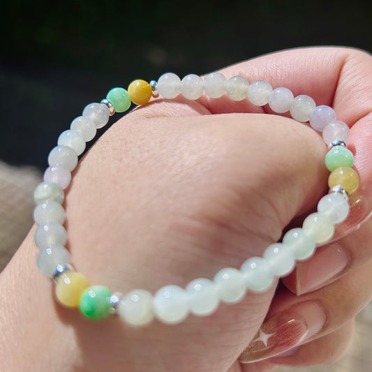 100% Untreated Genuine Type A Burmese Jadeite Bracelet, Multi-Color Icy Myanmar Jadeite Bracelet, 5.5mm, Handmade in Canada|天然缅甸冰种多宝色圆珠手串
