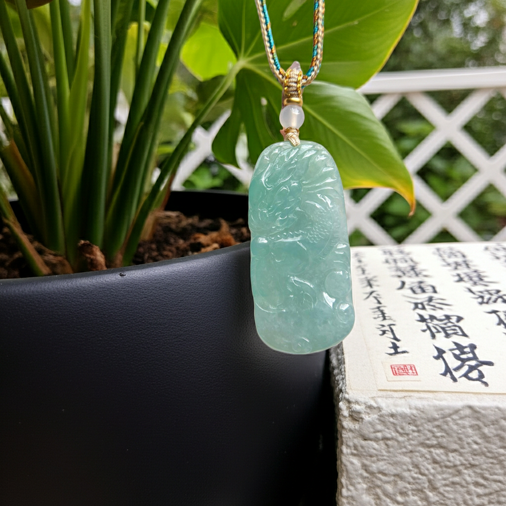 Burmese Blue Jadeite Dragon Pendant Handwoven Necklace: Hand-Carved Natural Untreated Type A Green Blue Myanmar Jade