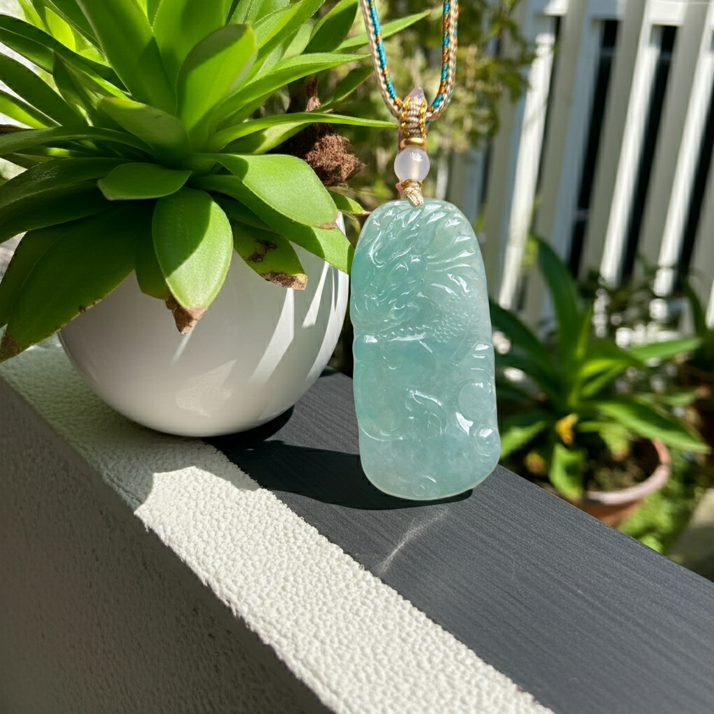 Burmese Blue Jadeite Dragon Pendant Handwoven Necklace: Hand-Carved Natural Untreated Type A Green Blue Myanmar Jade
