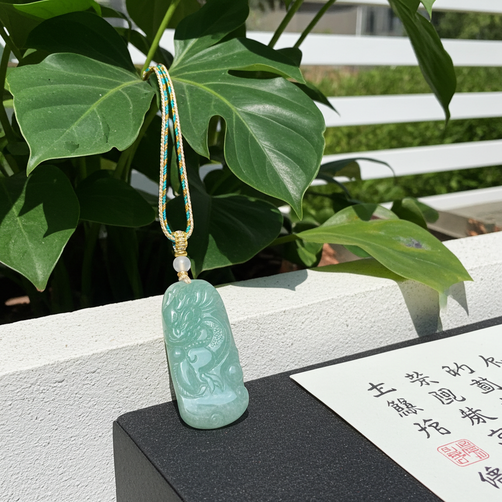 Burmese Blue Jadeite Dragon Pendant Handwoven Necklace: Hand-Carved Natural Untreated Type A Green Blue Myanmar Jade