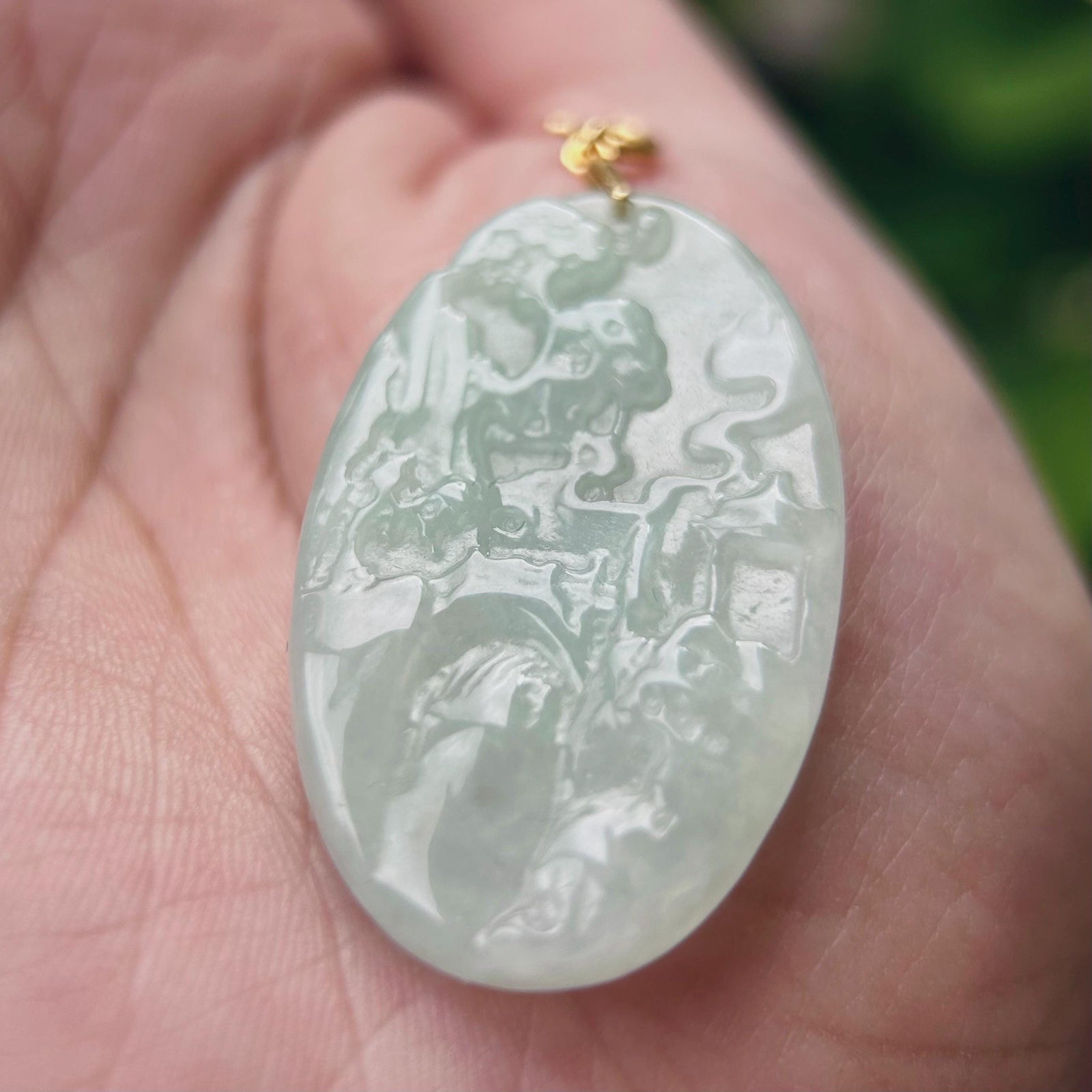 Jadeite Pendant Jewelry Landscape Carving Gift for Her Untreated Type A Burmese Sweet Green Feng-Shui Lucky Jade Amulet 18k Solid Gold Bail