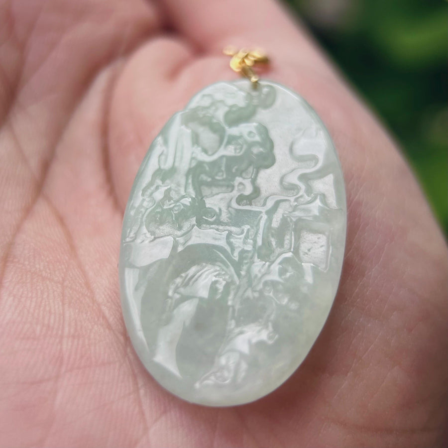 Jadeite Pendant Jewelry Landscape Carving Gift for Her Untreated Type A Burmese Sweet Green Feng-Shui Lucky Jade Amulet 18k Solid Gold Bail