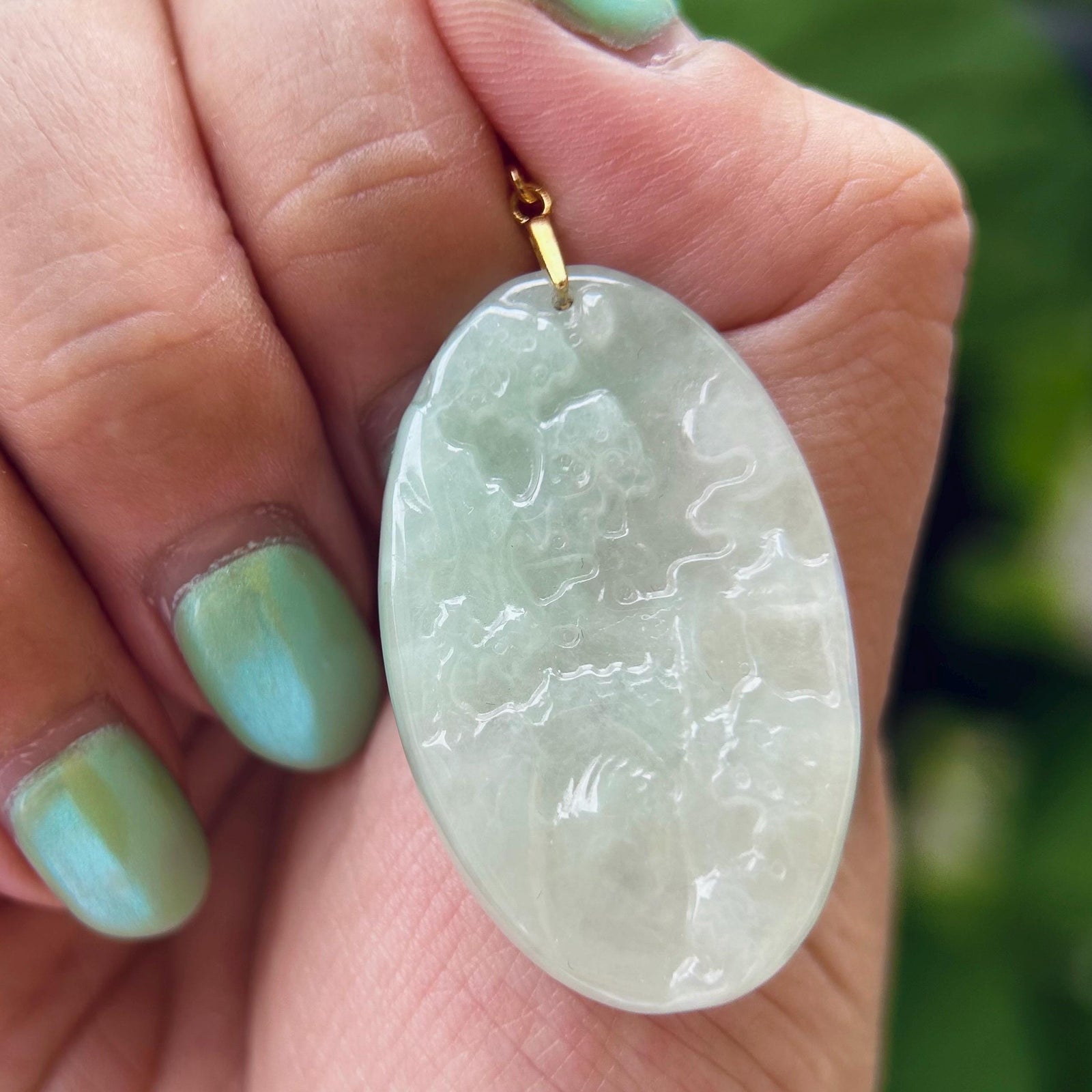 Jadeite Pendant Jewelry Landscape Carving Gift for Her Untreated Type A Burmese Sweet Green Feng-Shui Lucky Jade Amulet 18k Solid Gold Bail
