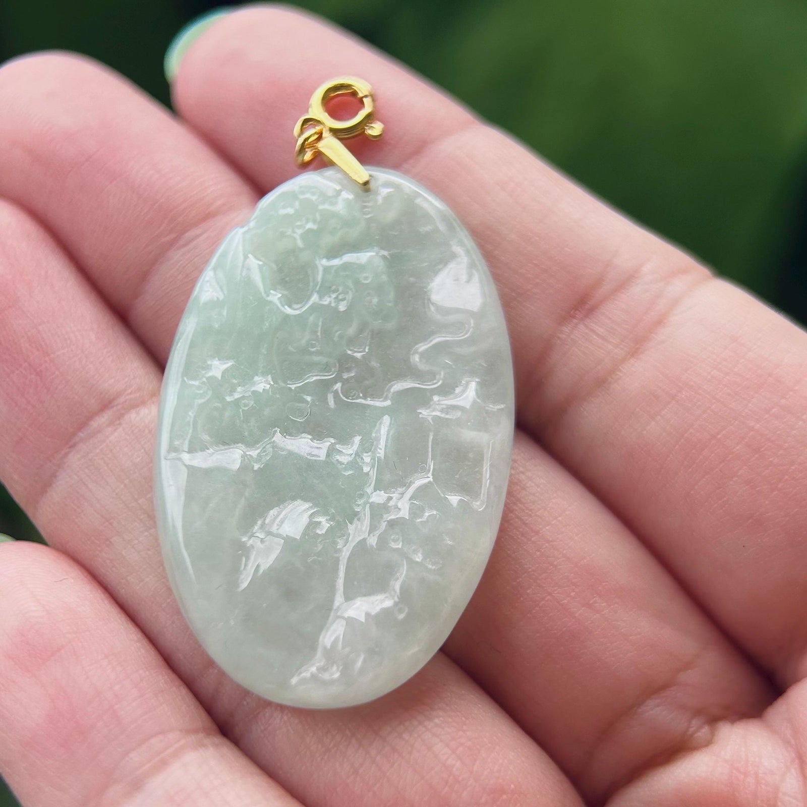 Jadeite Pendant Jewelry Landscape Carving Gift for Her Untreated Type A Burmese Sweet Green Feng-Shui Lucky Jade Amulet 18k Solid Gold Bail