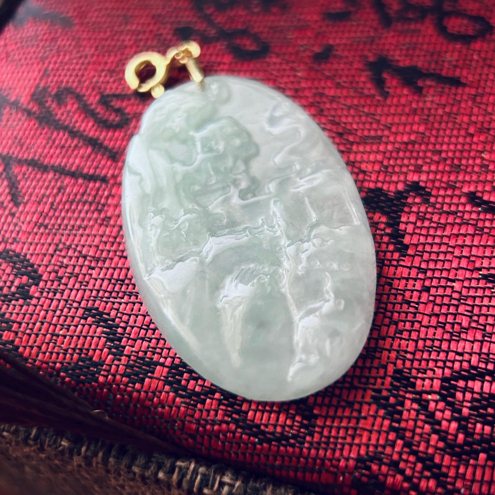 Jadeite Pendant Jewelry Landscape Carving Gift for Her Untreated Type A Burmese Sweet Green Feng-Shui Lucky Jade Amulet 18k Solid Gold Bail