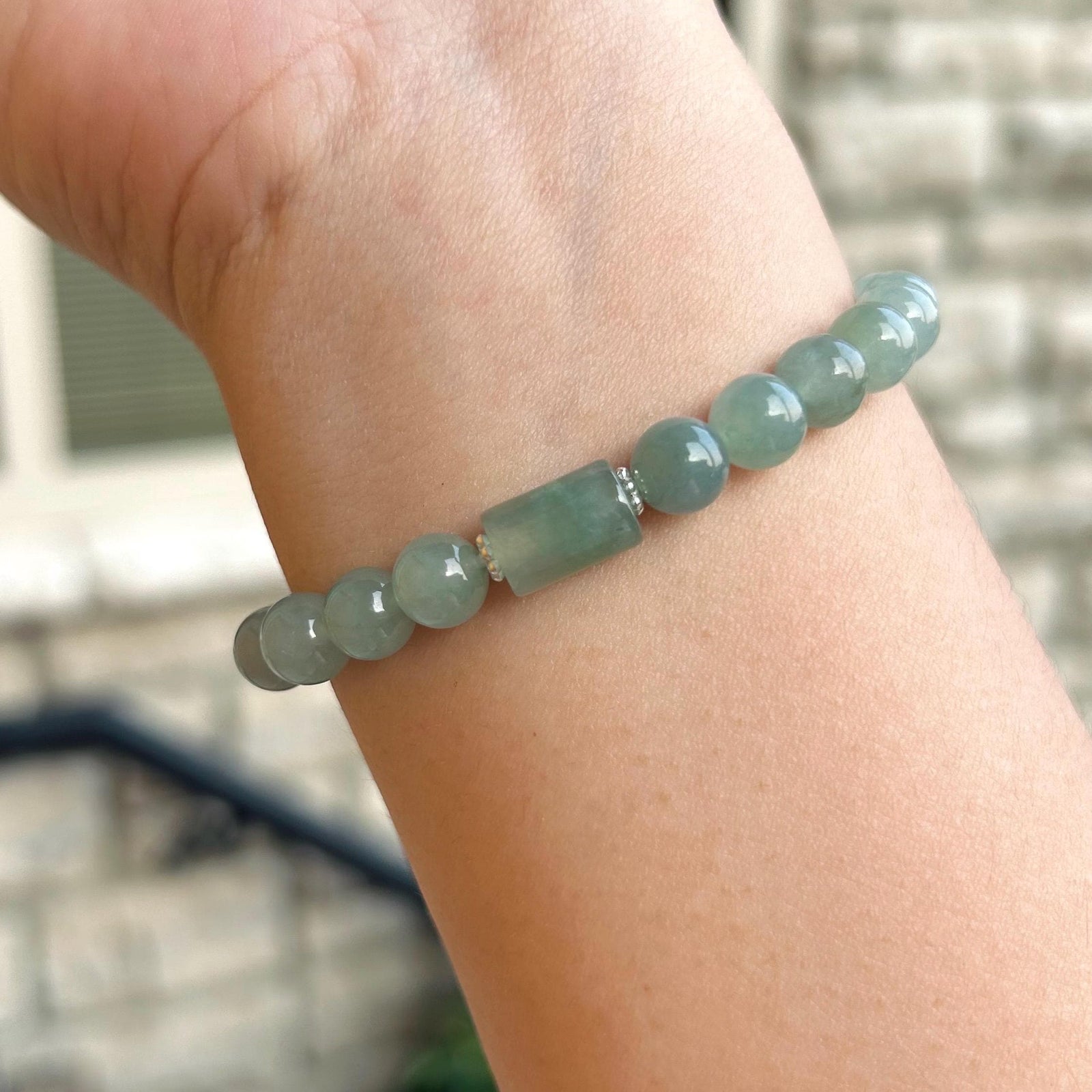 Jadeite Jade Bracelet Jewelry Gift for Her 100% Untreated Genuine Type A Burmese Icy Translucent Green Blue 7.5mm Handmade in Canada