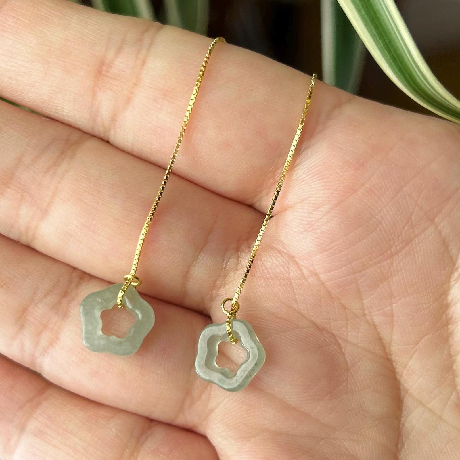 Jadeite Dangling Earrings Threader Earrings Gift Authentic Type A Burma Lucky Star Flower Adjustable Length 925 Silver Handmade in Canada