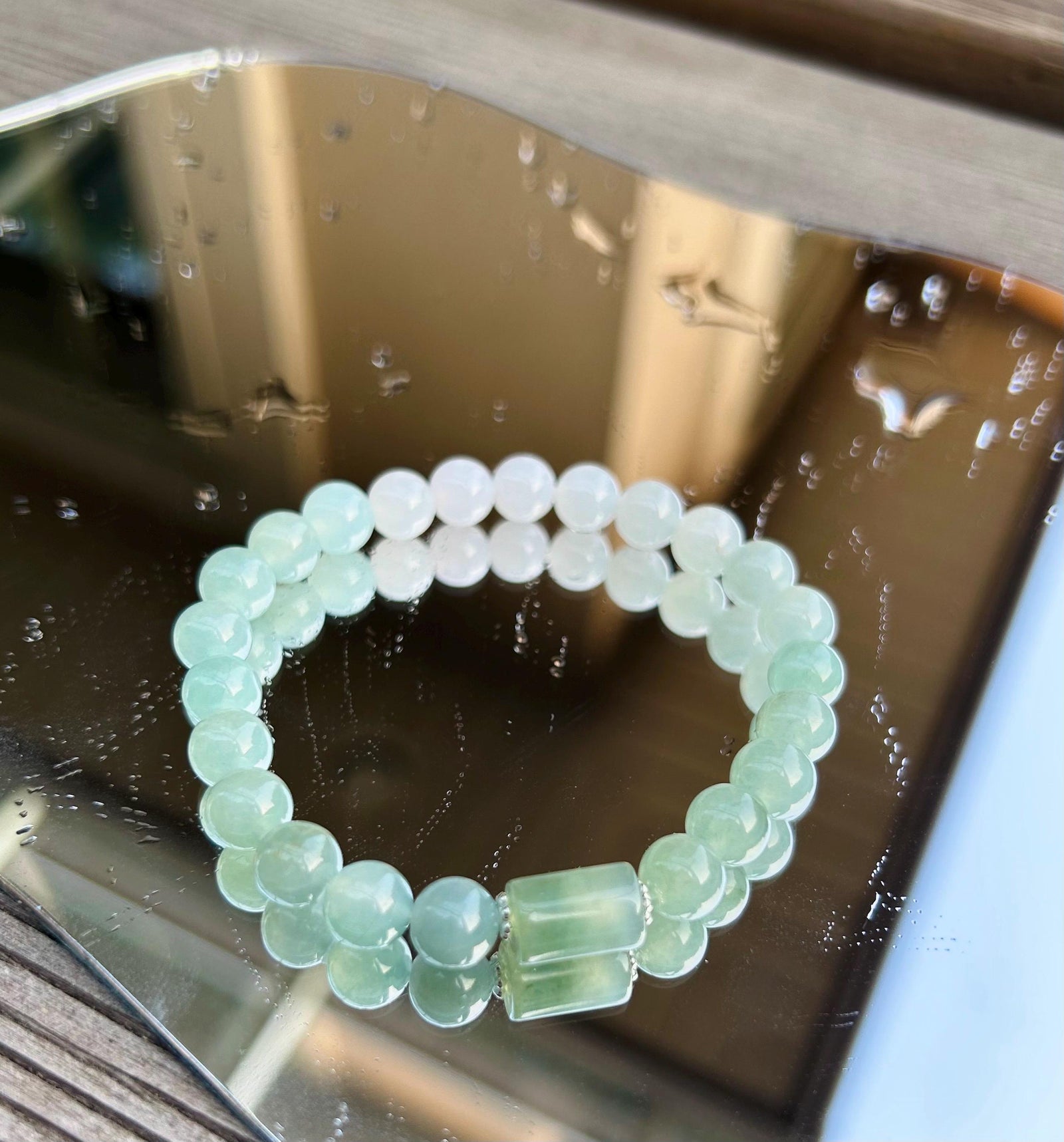 Jadeite Jade Bracelet Jewelry Gift for Her 100% Untreated Genuine Type A Burmese Icy Translucent Green Blue 7.5mm Handmade in Canada
