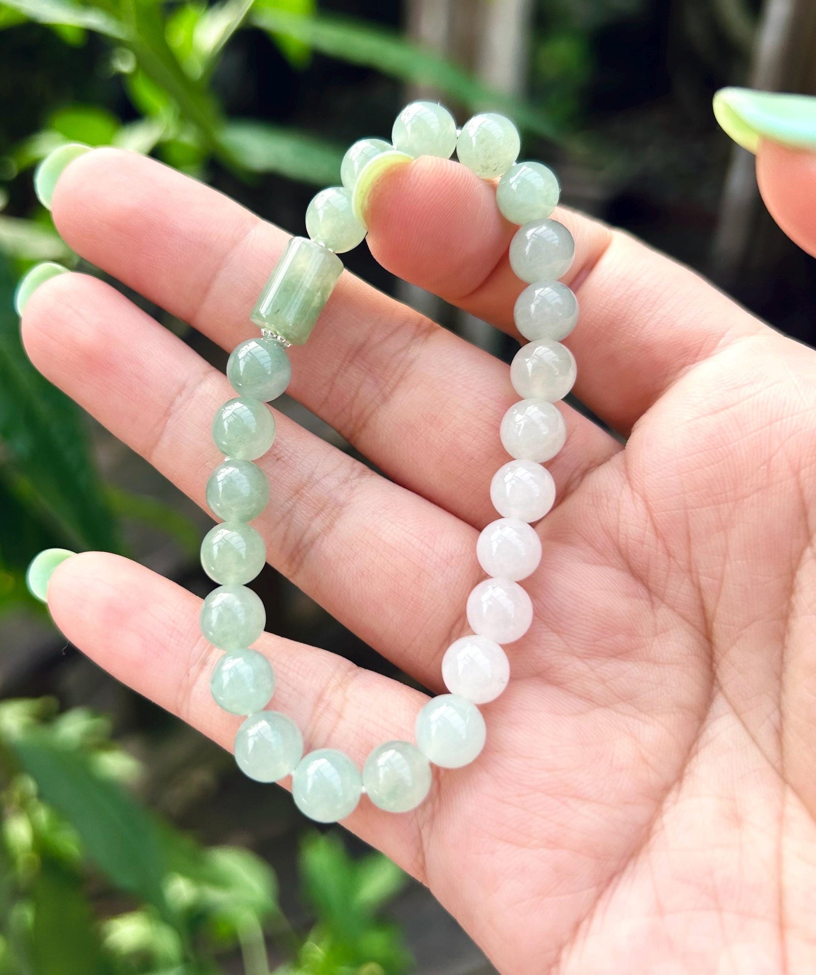 Jadeite Jade Bracelet Jewelry Gift for Her 100% Untreated Genuine Type A Burmese Icy Translucent Green Blue 7.5mm Handmade in Canada