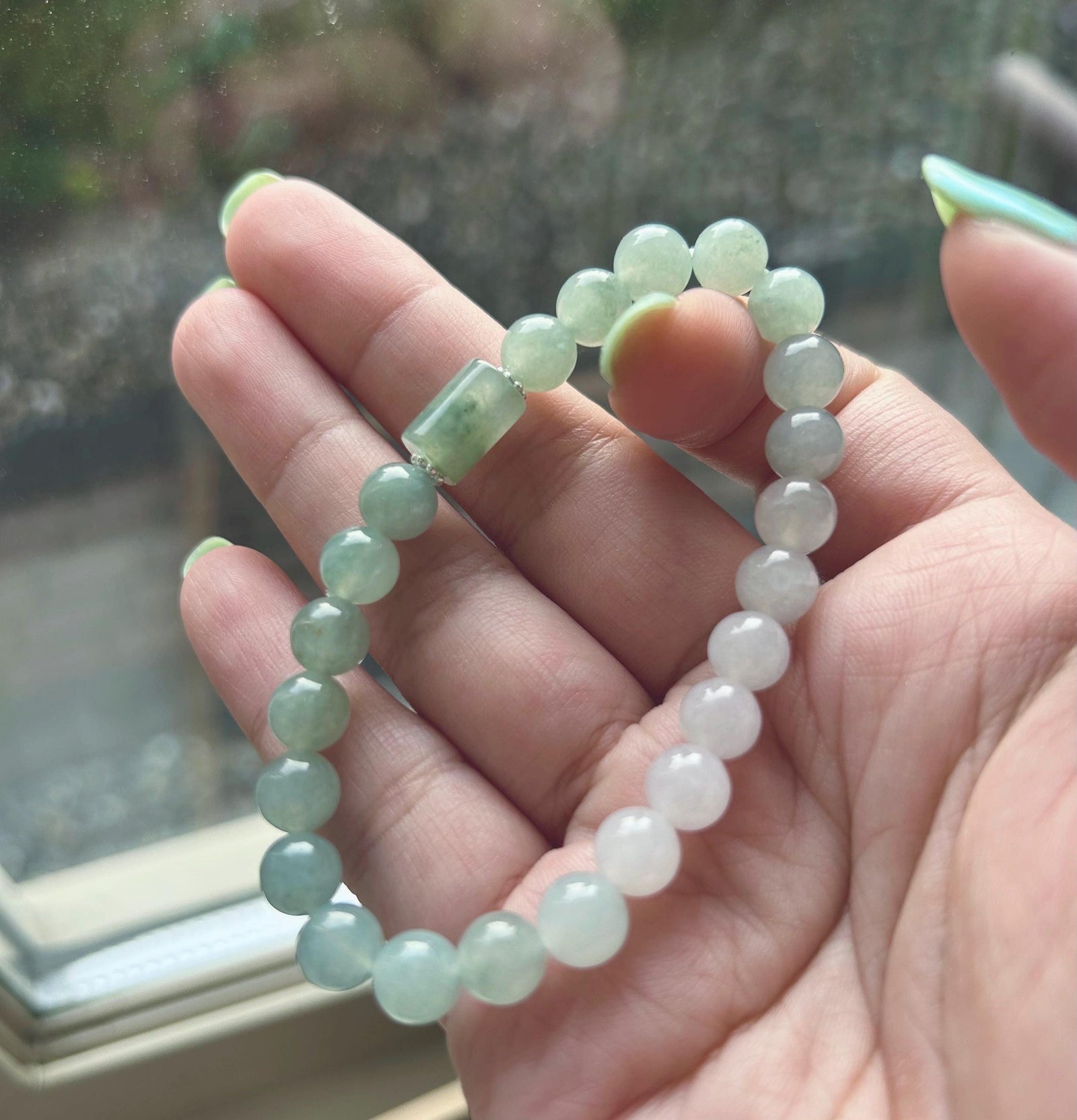 Jadeite Jade Bracelet Jewelry Gift for Her 100% Untreated Genuine Type A Burmese Icy Translucent Green Blue 7.5mm Handmade in Canada