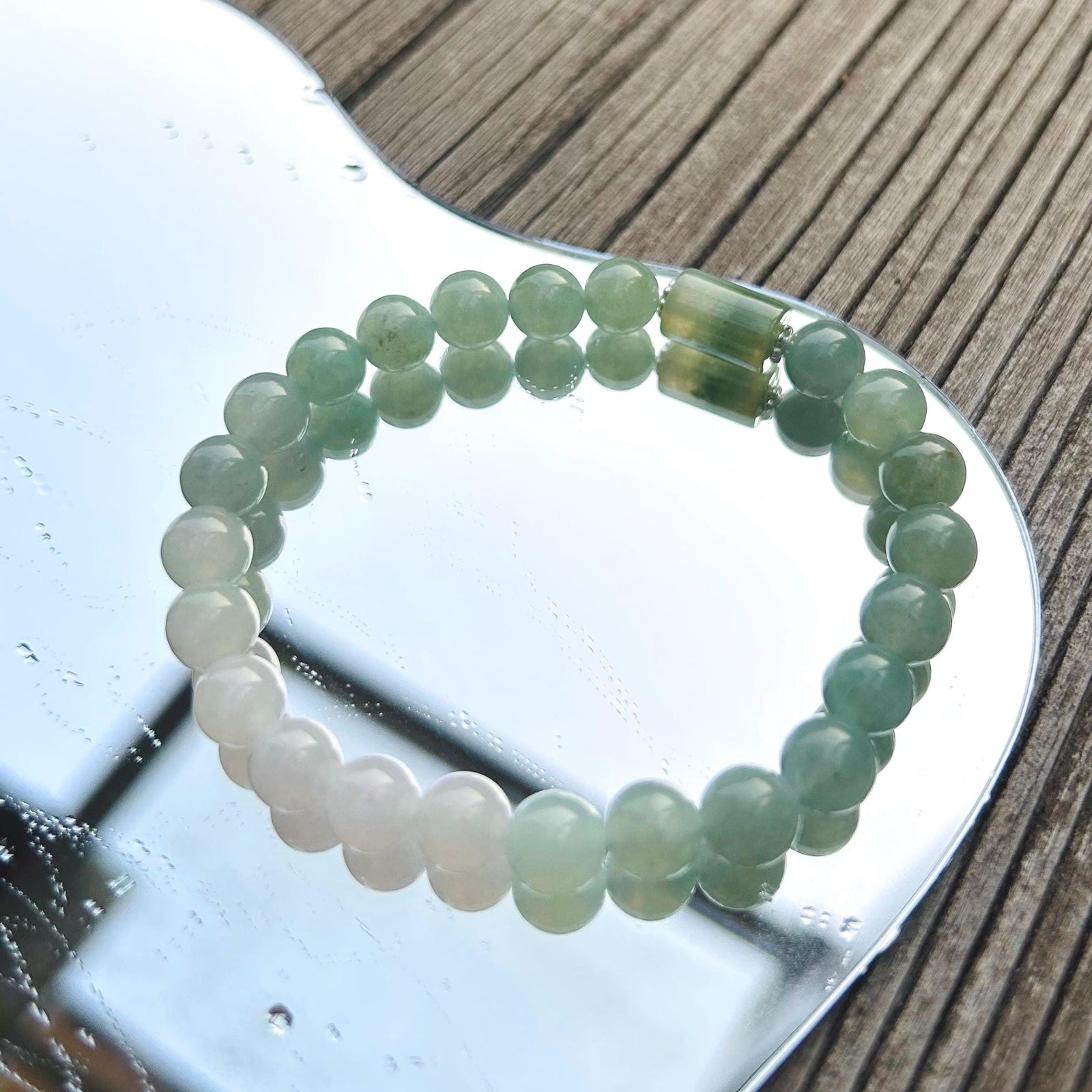 Jadeite Jade Bracelet Jewelry Gift for Her 100% Untreated Genuine Type A Burmese Icy Translucent Green Blue 7.5mm Handmade in Canada