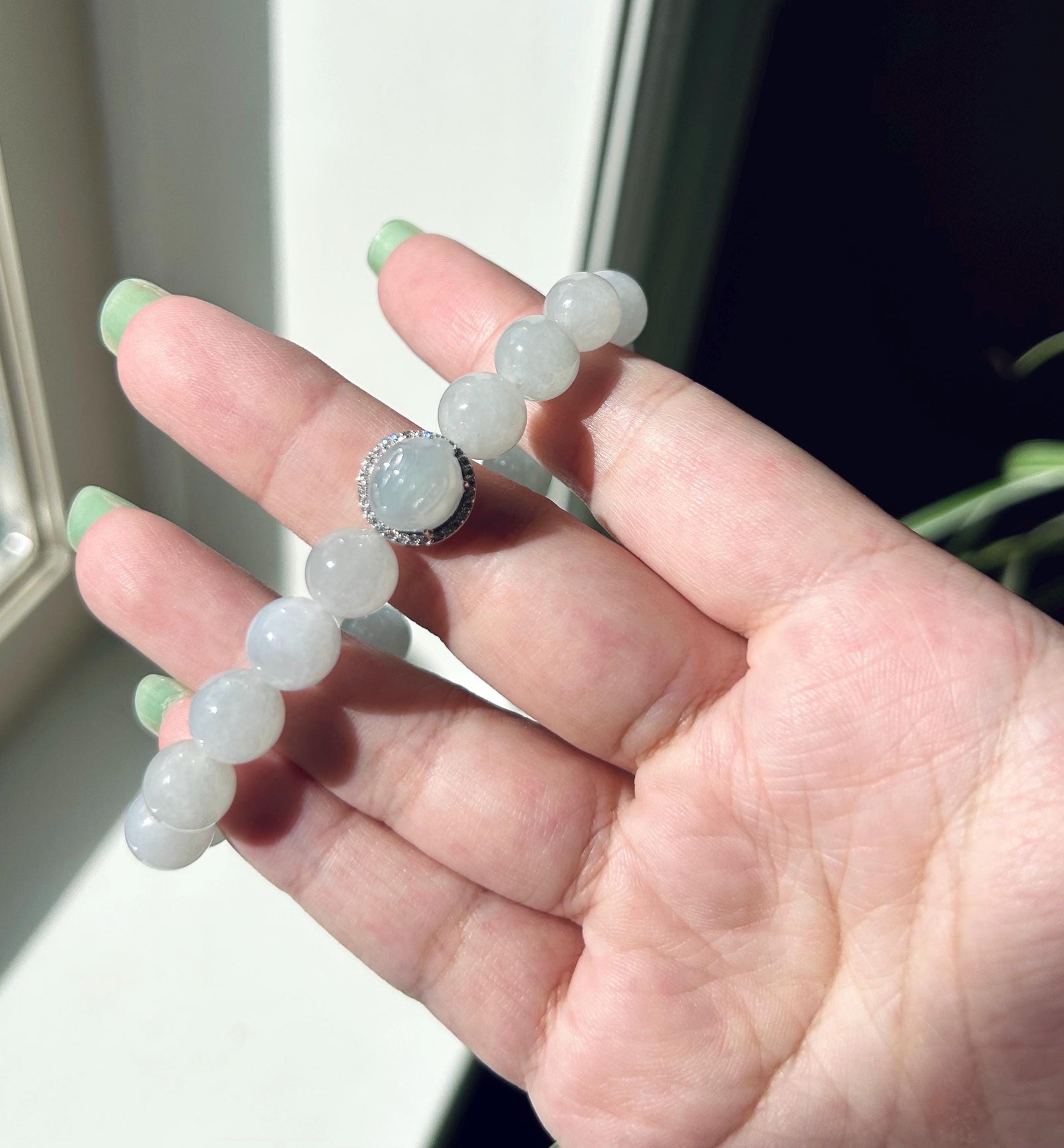 Jadeite Jade Beaded Bracelet Jewelry Hand-carved Bunny Gift for Her Burmese Natural Untreated Type A Translucent Icy White Jadeite 9.5mm