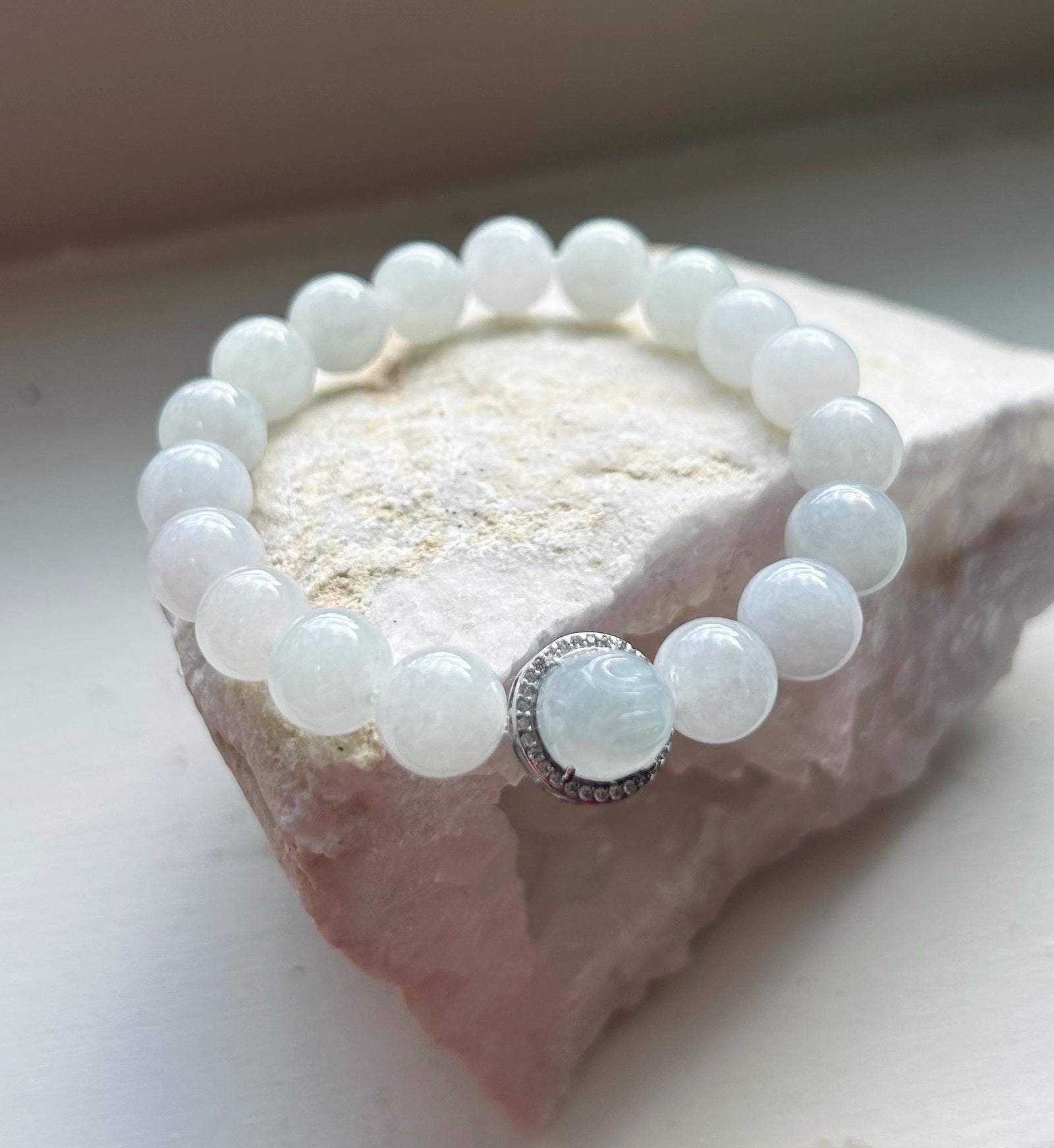 Jadeite Jade Beaded Bracelet Jewelry Hand-carved Bunny Gift for Her Burmese Natural Untreated Type A Translucent Icy White Jadeite 9.5mm