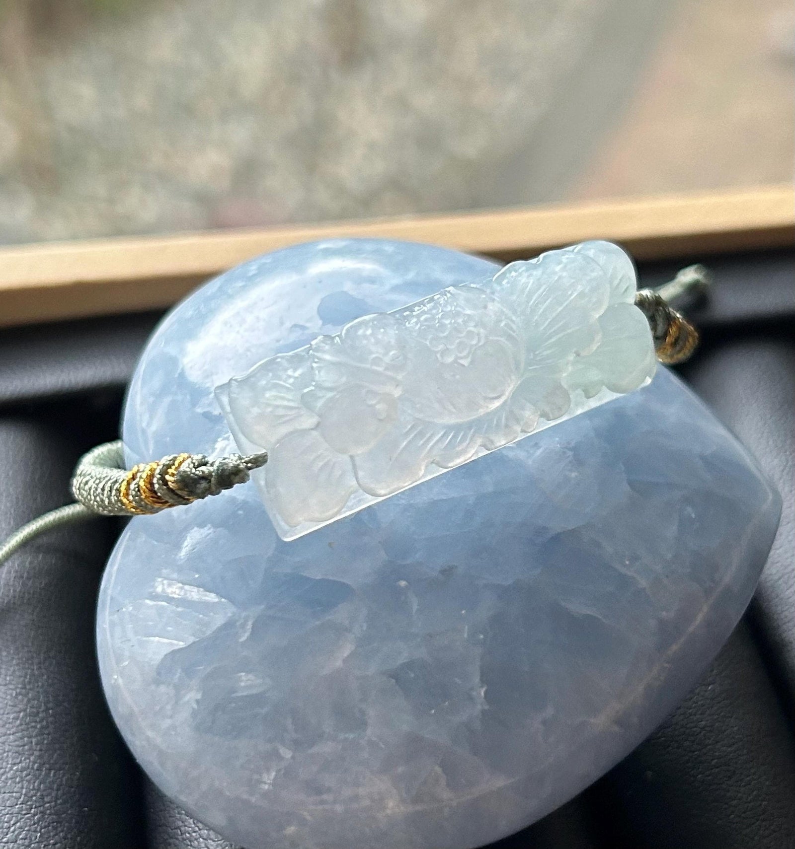 Jadeite Jade Carved Flower Rope Bracelet Jewelry Gift for Her Genuine Type A Highly Translucent Icy White Burmese Jadeite Handmade in Canada