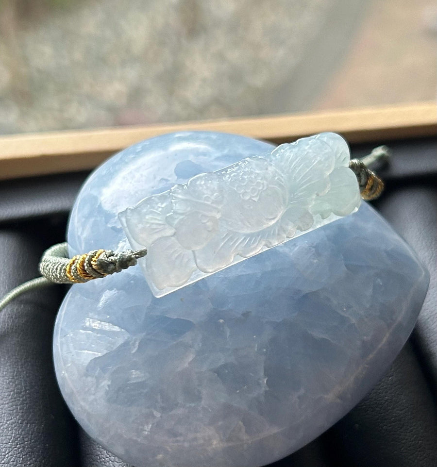 Jadeite Jade Carved Flower Rope Bracelet Jewelry Gift for Her Genuine Type A Highly Translucent Icy White Burmese Jadeite Handmade in Canada