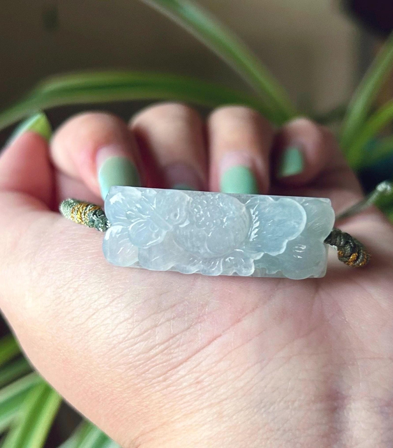 Jadeite Jade Carved Flower Rope Bracelet Jewelry Gift for Her Genuine Type A Highly Translucent Icy White Burmese Jadeite Handmade in Canada