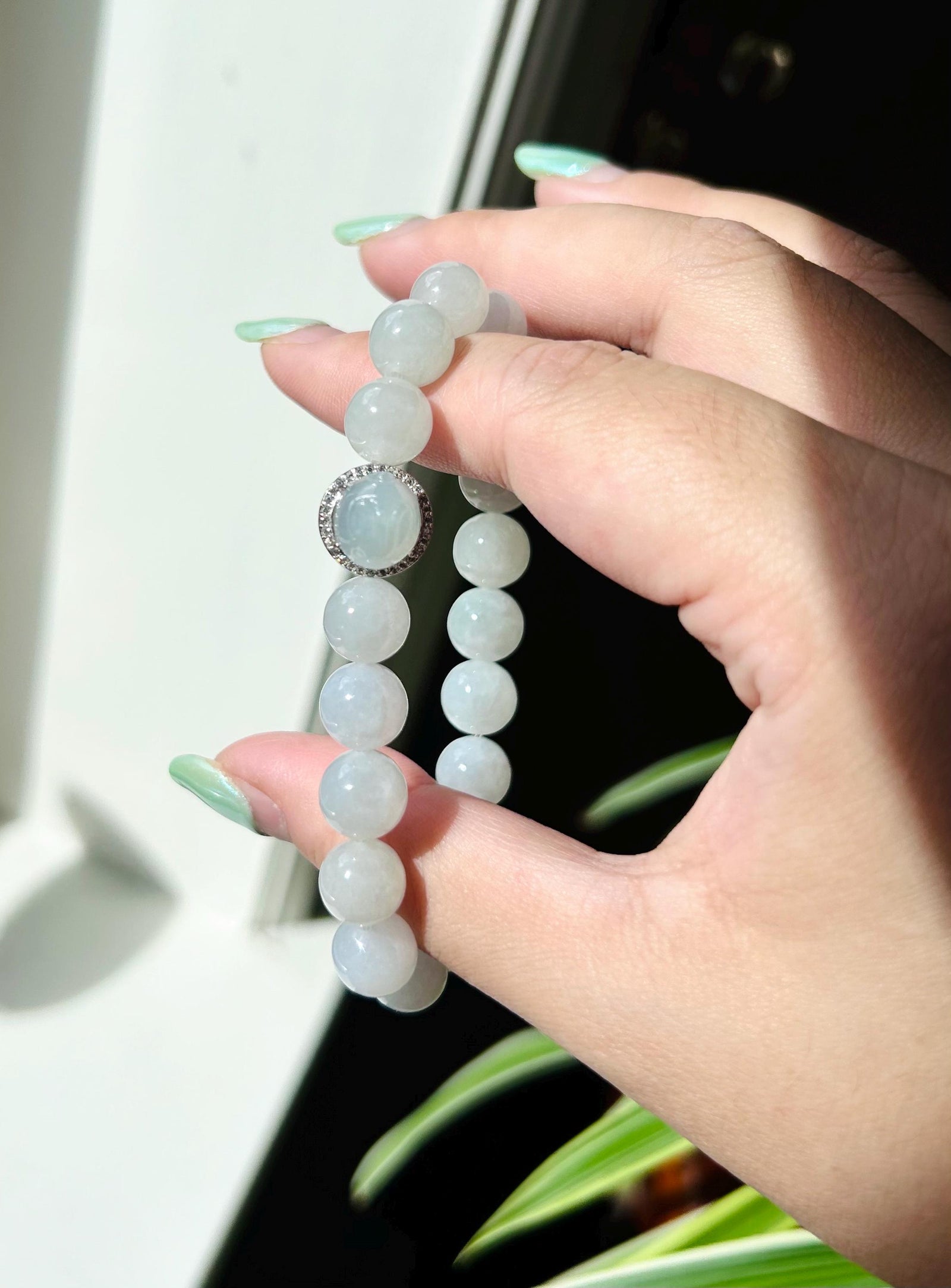 Jadeite Jade Beaded Bracelet Jewelry Hand-carved Bunny Gift for Her Burmese Natural Untreated Type A Translucent Icy White Jadeite 9.5mm