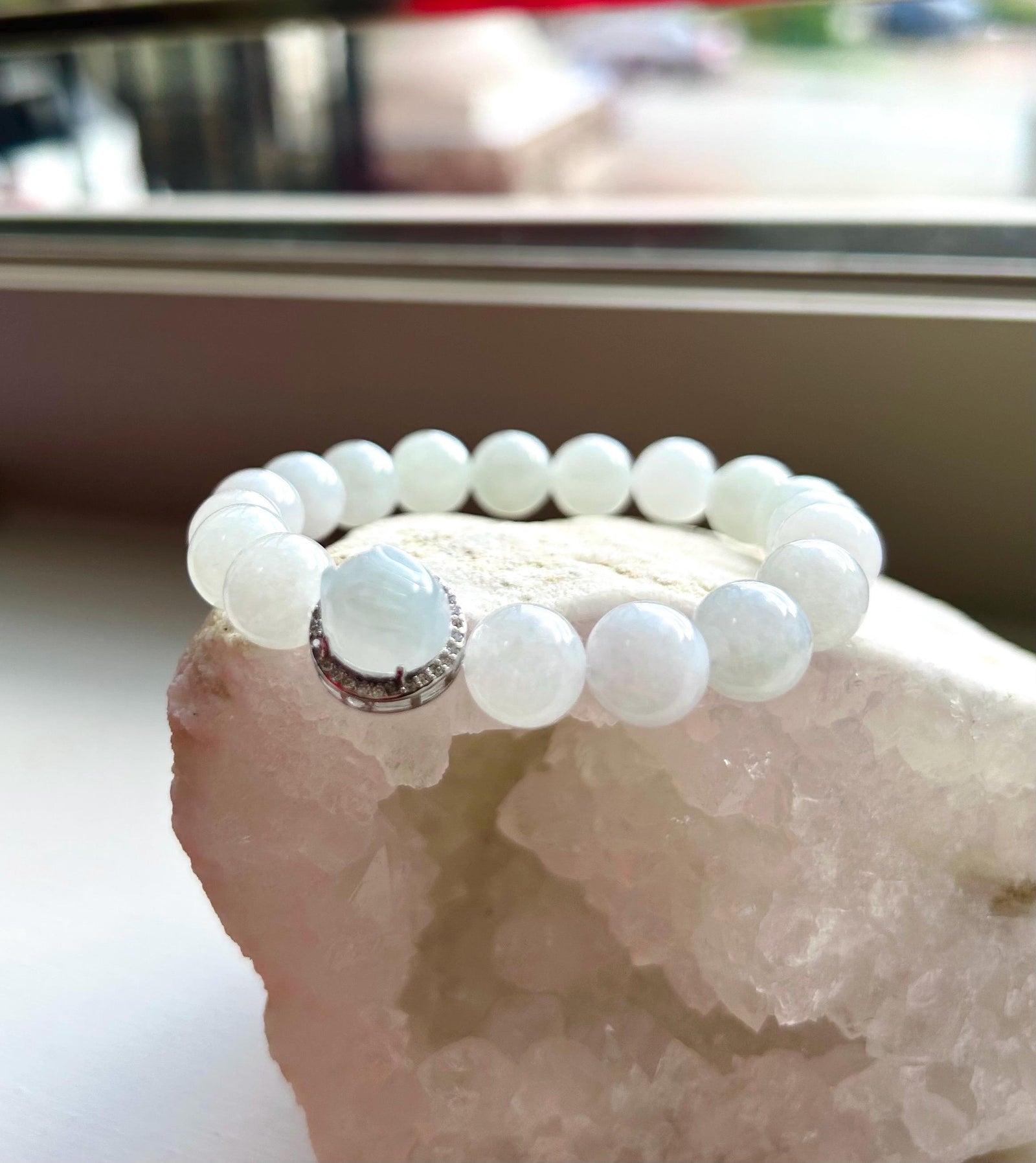 Jadeite Jade Beaded Bracelet Jewelry Hand-carved Bunny Gift for Her Burmese Natural Untreated Type A Translucent Icy White Jadeite 9.5mm