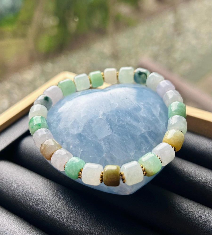 Jadeite Jade Bracelet Jewelry Gift for Her 100% Genuine Burmese Icy Translucent Type A 8mm Multi-Color Barrel Bead FeiCui Handmade in Canada