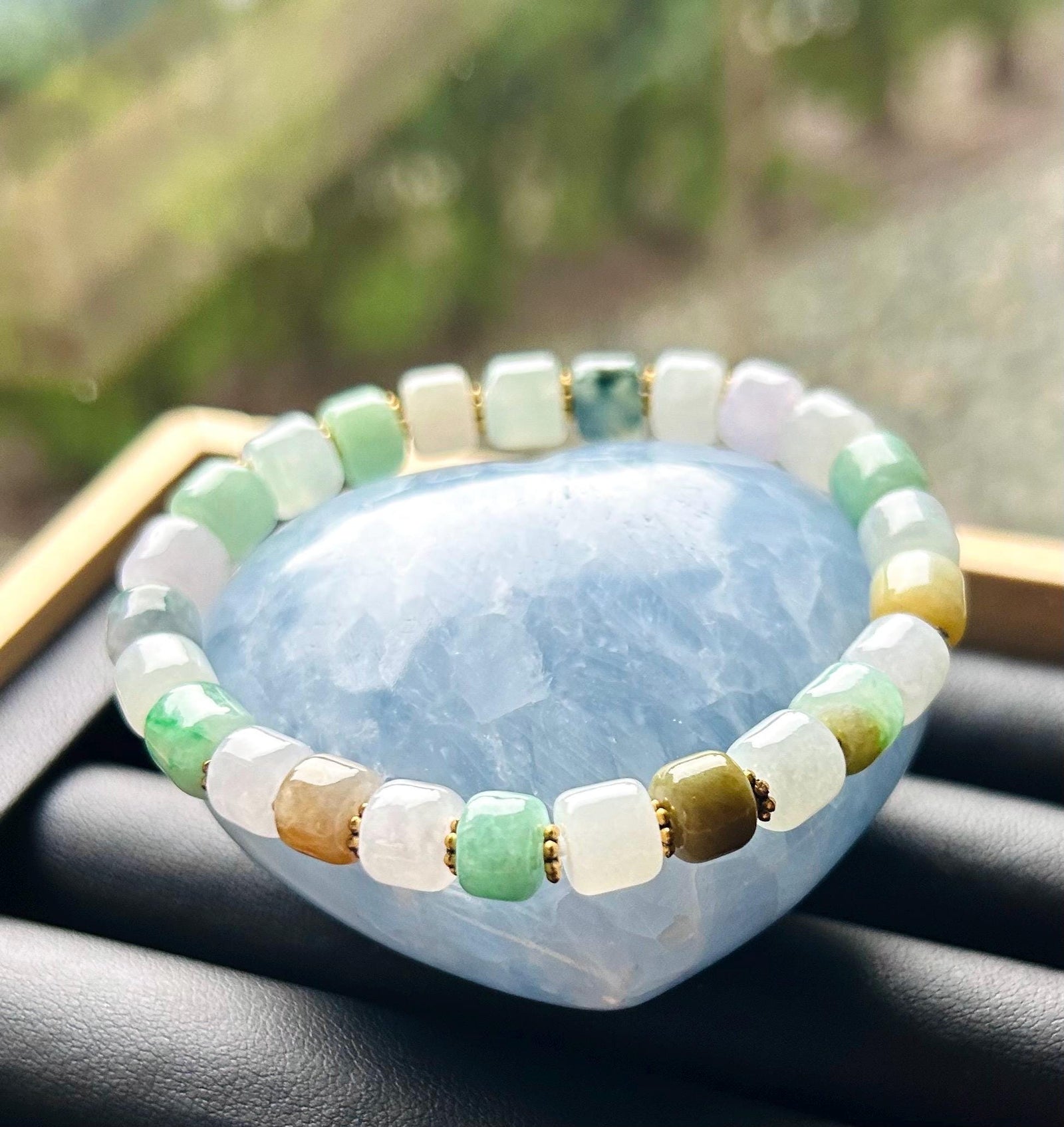 Jadeite Jade Bracelet Jewelry Gift for Her 100% Genuine Burmese Icy Translucent Type A 8mm Multi-Color Barrel Bead FeiCui Handmade in Canada