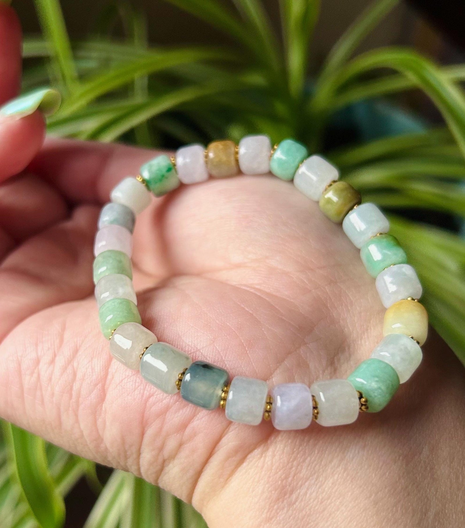 Jadeite Jade Bracelet Jewelry Gift for Her 100% Genuine Burmese Icy Translucent Type A 8mm Multi-Color Barrel Bead FeiCui Handmade in Canada