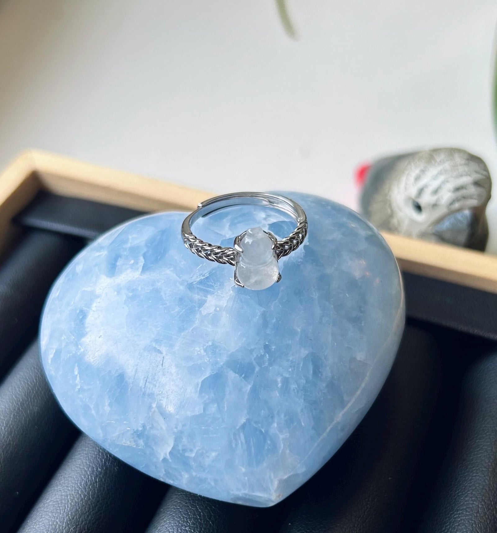 Natural Jadeite Ring Jewelry Authentic Translucent Type A Burmese Icy White Jade Hulu Adjustable Silver Ring Gift for Her Handmade in Canada