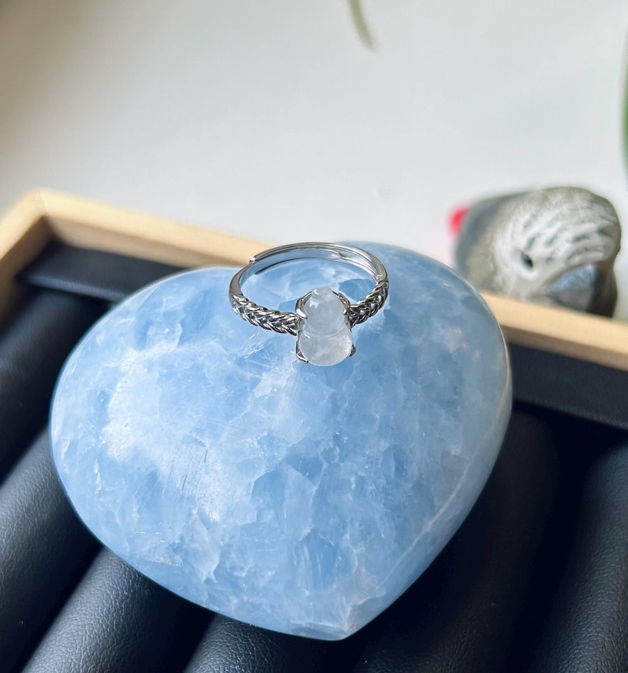 Natural Jadeite Ring Jewelry Authentic Translucent Type A Burmese Icy White Jade Hulu Adjustable Silver Ring Gift for Her Handmade in Canada