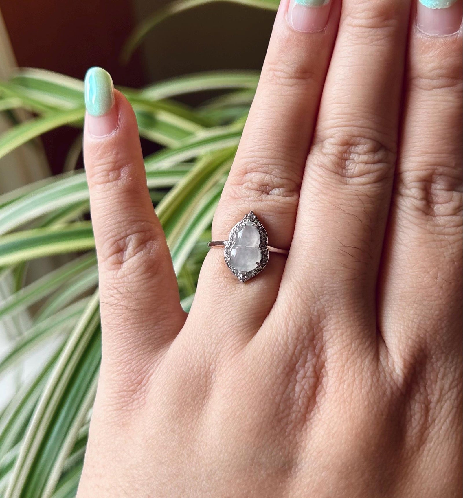 Natural Jadeite Ring Jewelry Authentic Translucent Type A Burmese Icy White Jade Hulu Adjustable Silver Ring Gift for Her Handmade in Canada