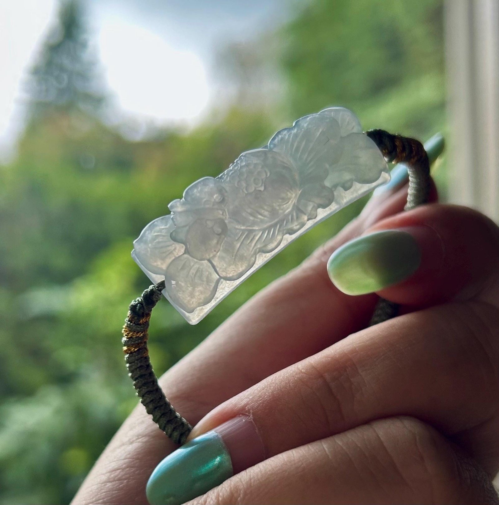 Jadeite Jade Carved Flower Rope Bracelet Jewelry Gift for Her Genuine Type A Highly Translucent Icy White Burmese Jadeite Handmade in Canada