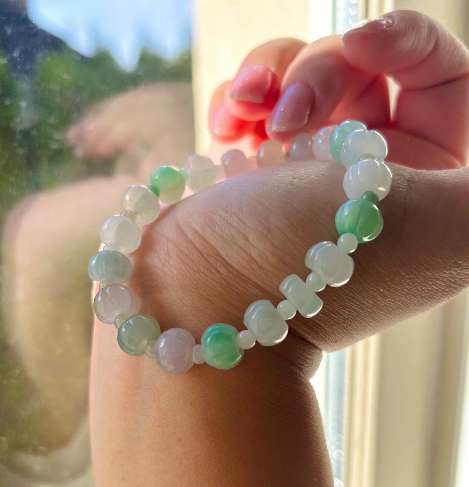 Jadeite Jade Beaded Bracelet Jewelry Gift for Her Genuine Burmese Type A Icy Highly Translucent Multi-Color Pumpkin Beaded Jadeite 9mm