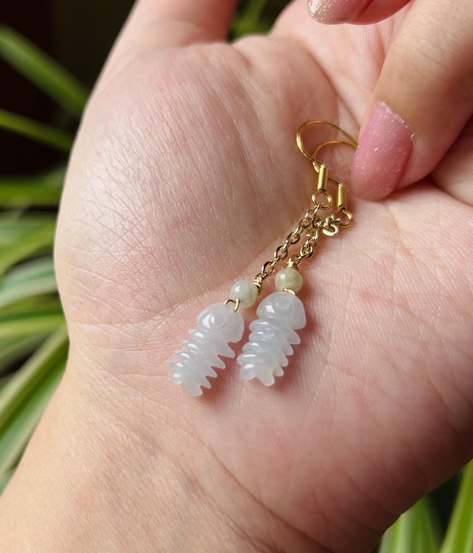 Jadeite Jade Earrings Jewelry Gift for Her Untreated Burma Highly Translucent Icy Type A Jadeite 925 Sterling Silver Hand-carved Fish Bone