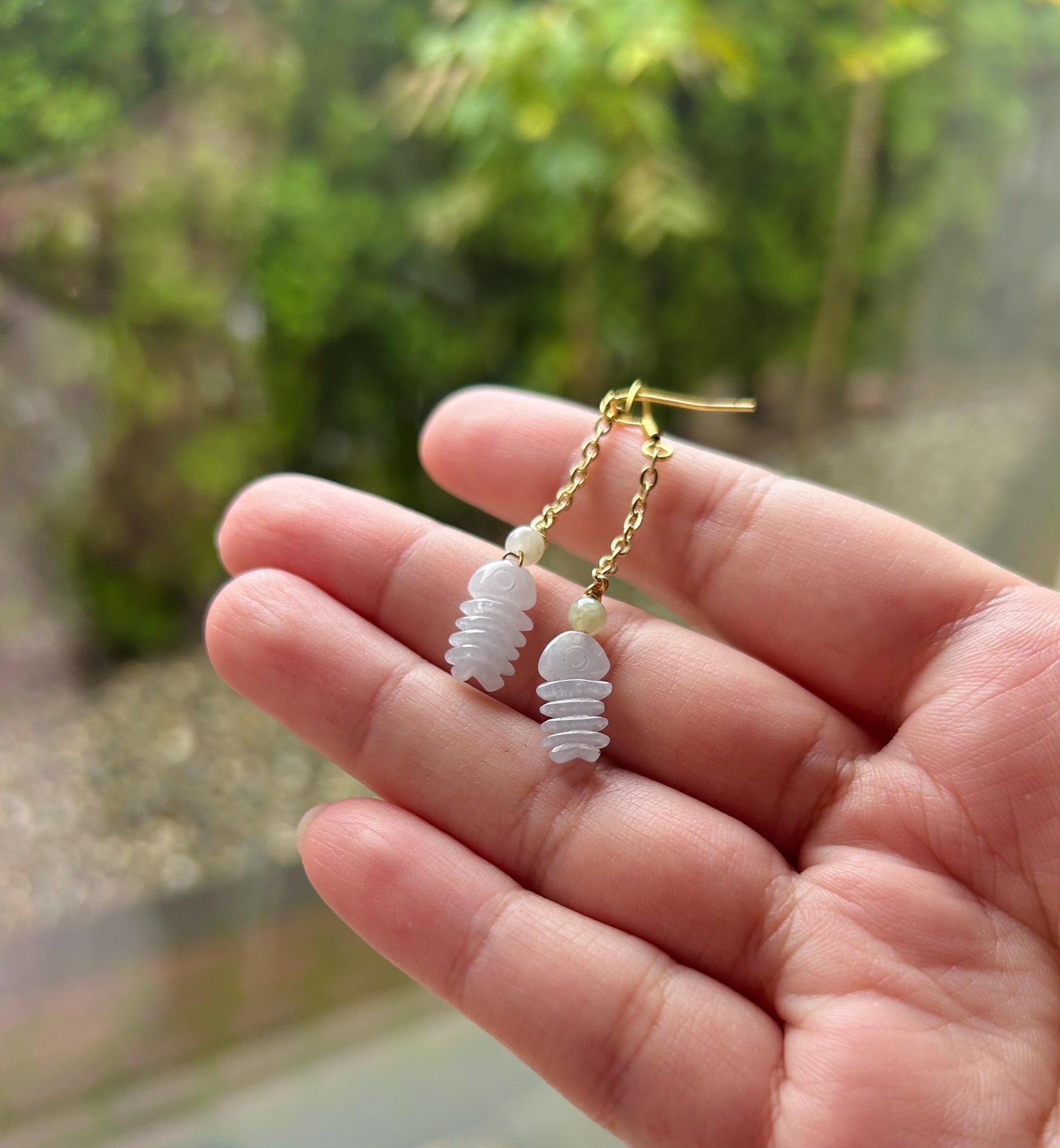 Jadeite Jade Earrings Jewelry Gift for Her Untreated Burma Highly Translucent Icy Type A Jadeite 925 Sterling Silver Hand-carved Fish Bone
