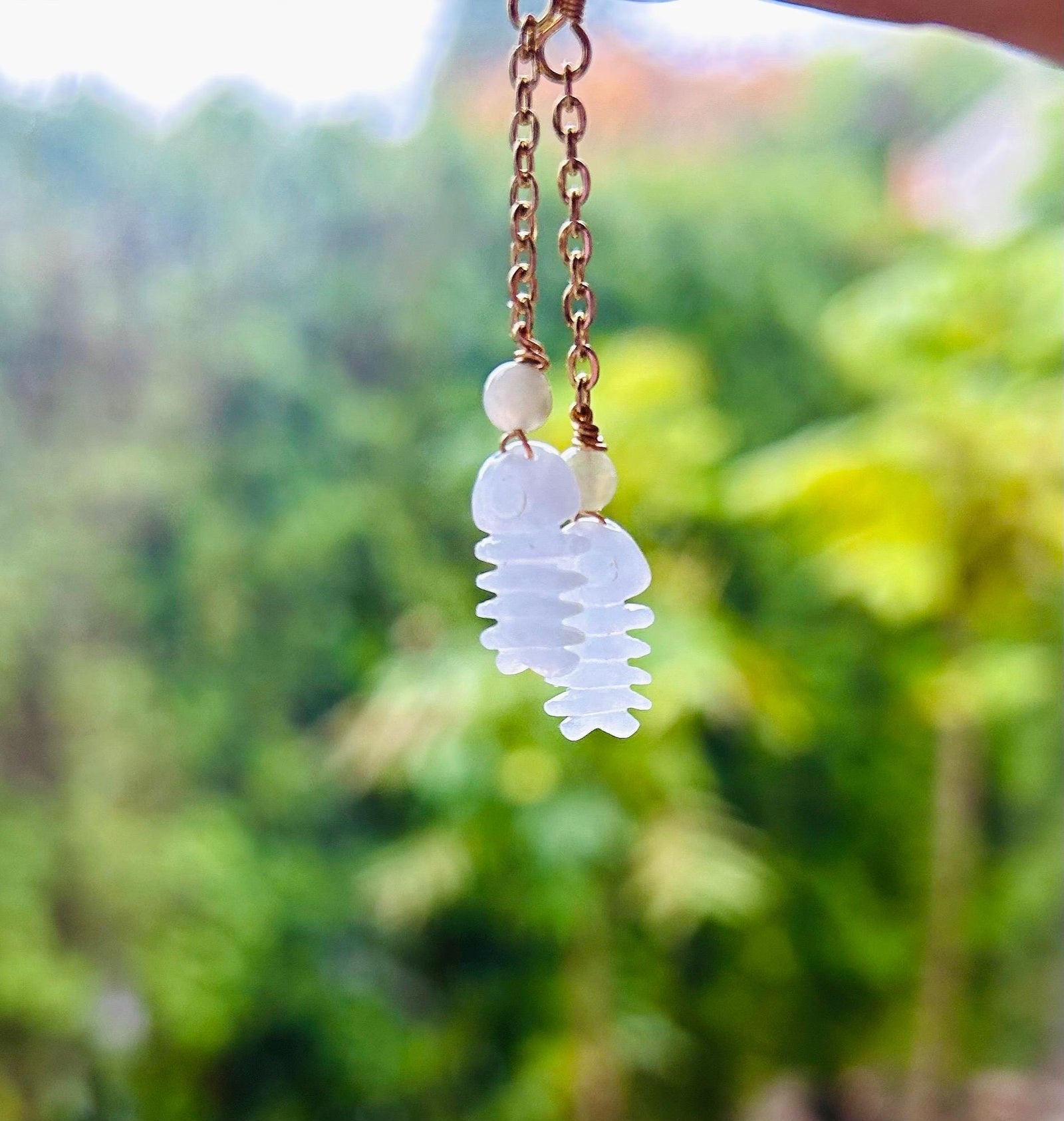 Jadeite Jade Earrings Jewelry Gift for Her Untreated Burma Highly Translucent Icy Type A Jadeite 925 Sterling Silver Hand-carved Fish Bone