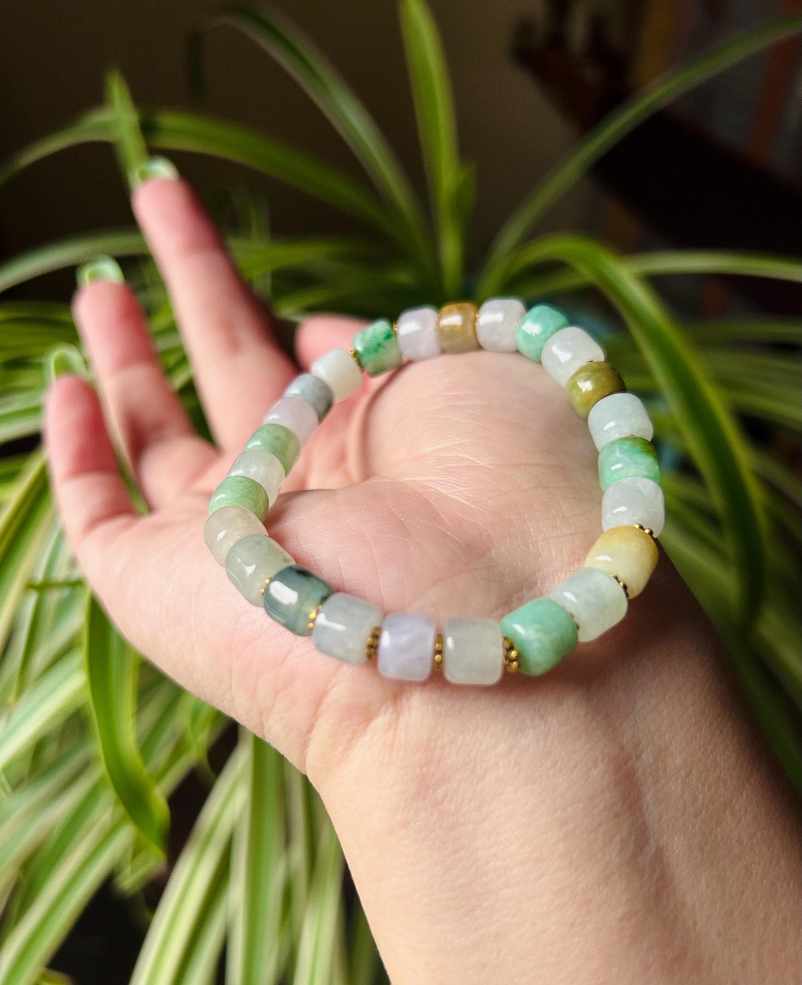 Jadeite Jade Bracelet Jewelry Gift for Her 100% Genuine Burmese Icy Translucent Type A 8mm Multi-Color Barrel Bead FeiCui Handmade in Canada