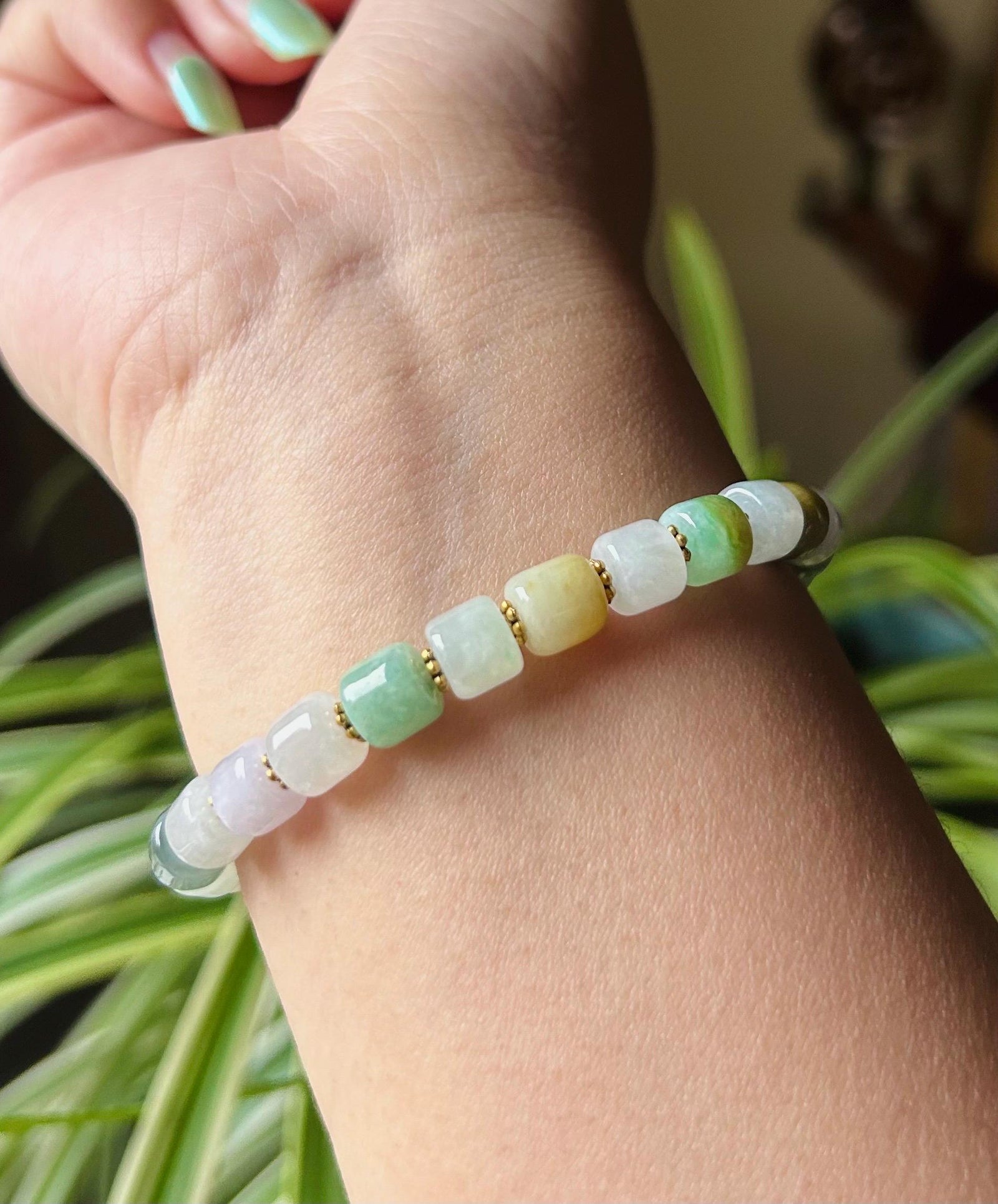 Jadeite Jade Bracelet Jewelry Gift for Her 100% Genuine Burmese Icy Translucent Type A 8mm Multi-Color Barrel Bead FeiCui Handmade in Canada