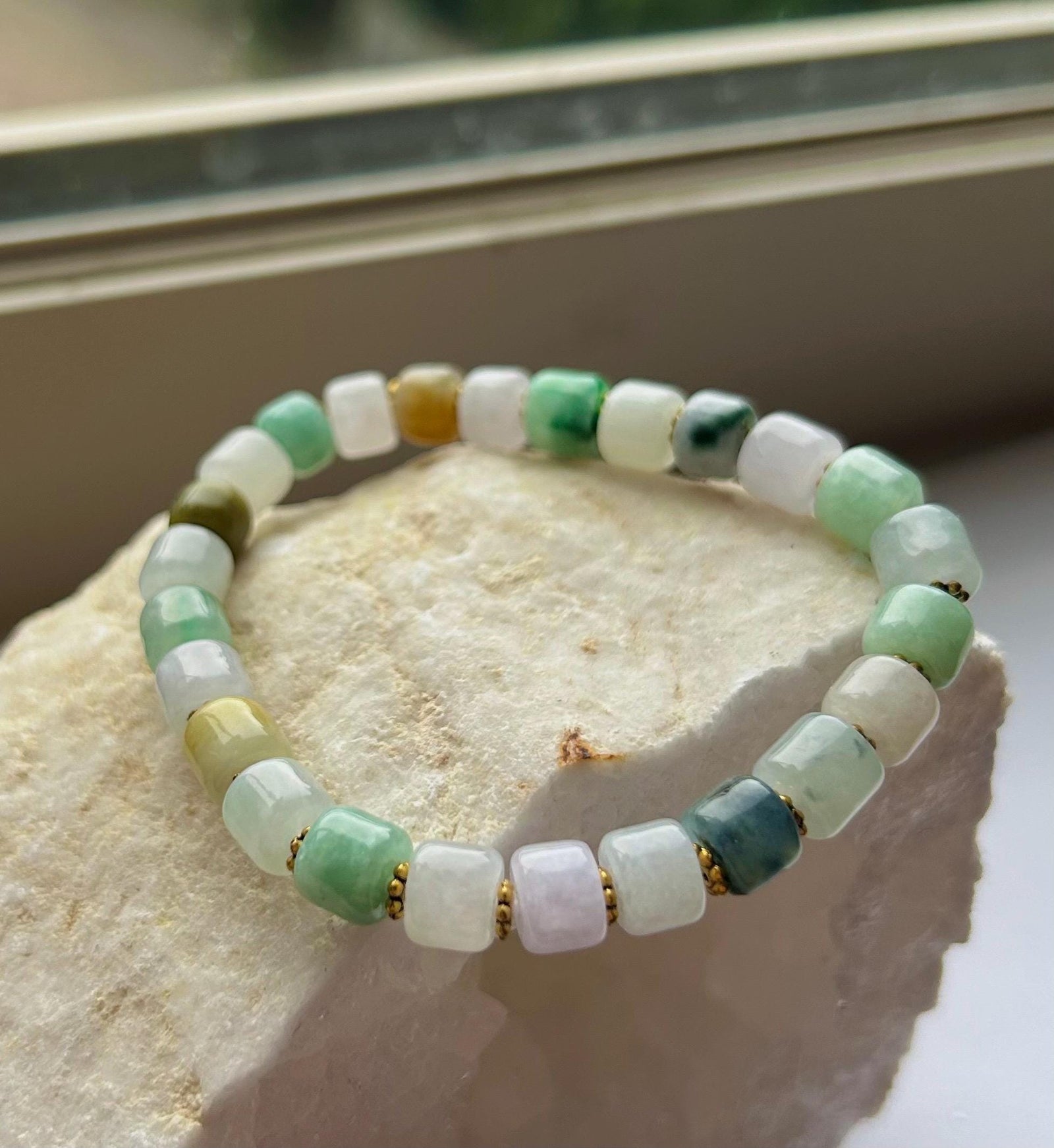 Jadeite Jade Bracelet Jewelry Gift for Her 100% Genuine Burmese Icy Translucent Type A 8mm Multi-Color Barrel Bead FeiCui Handmade in Canada