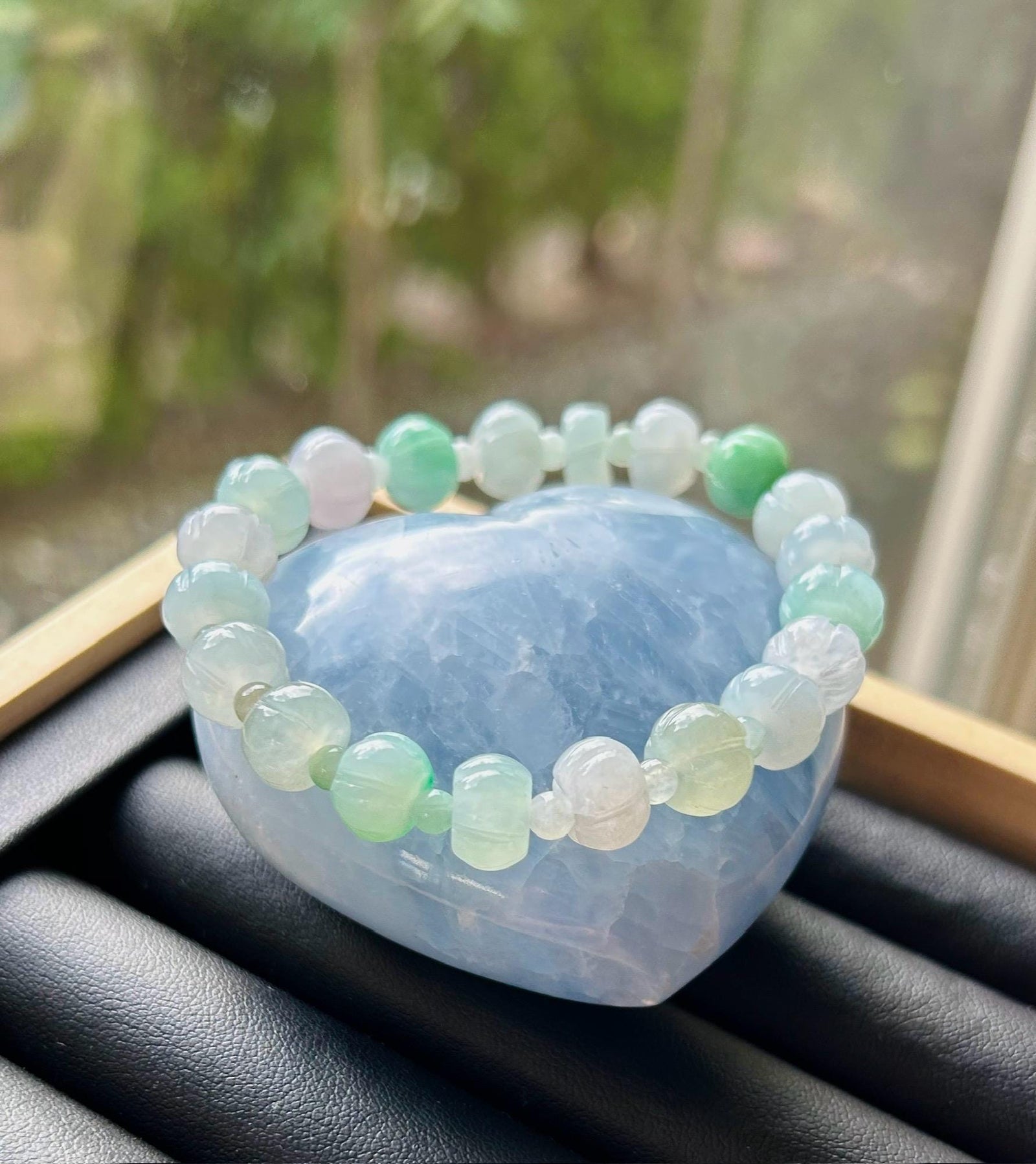 Jadeite Jade Beaded Bracelet Jewelry Gift for Her Genuine Burmese Type A Icy Highly Translucent Multi-Color Pumpkin Beaded Jadeite 9mm