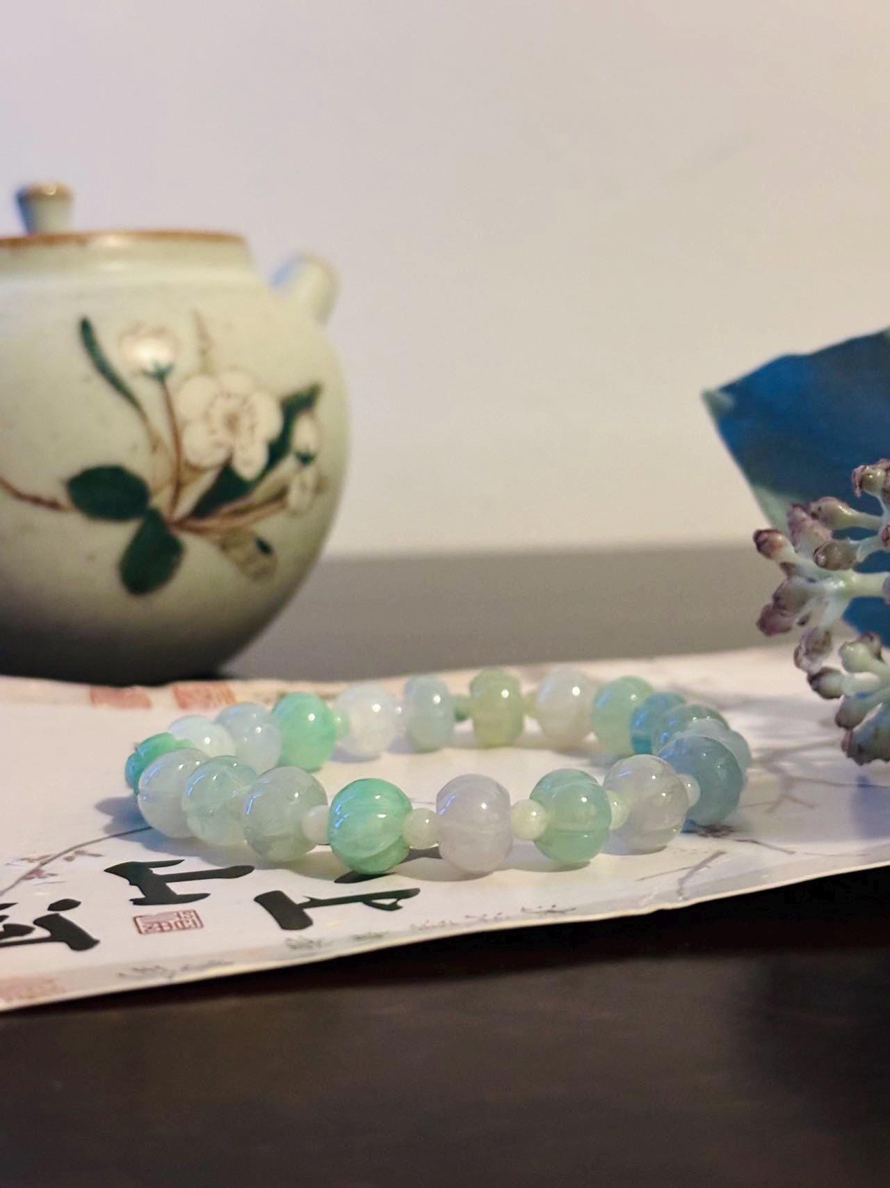 Jadeite Jade Beaded Bracelet Jewelry Gift for Her Genuine Burmese Type A Icy Highly Translucent Multi-Color Pumpkin Beaded Jadeite 9mm