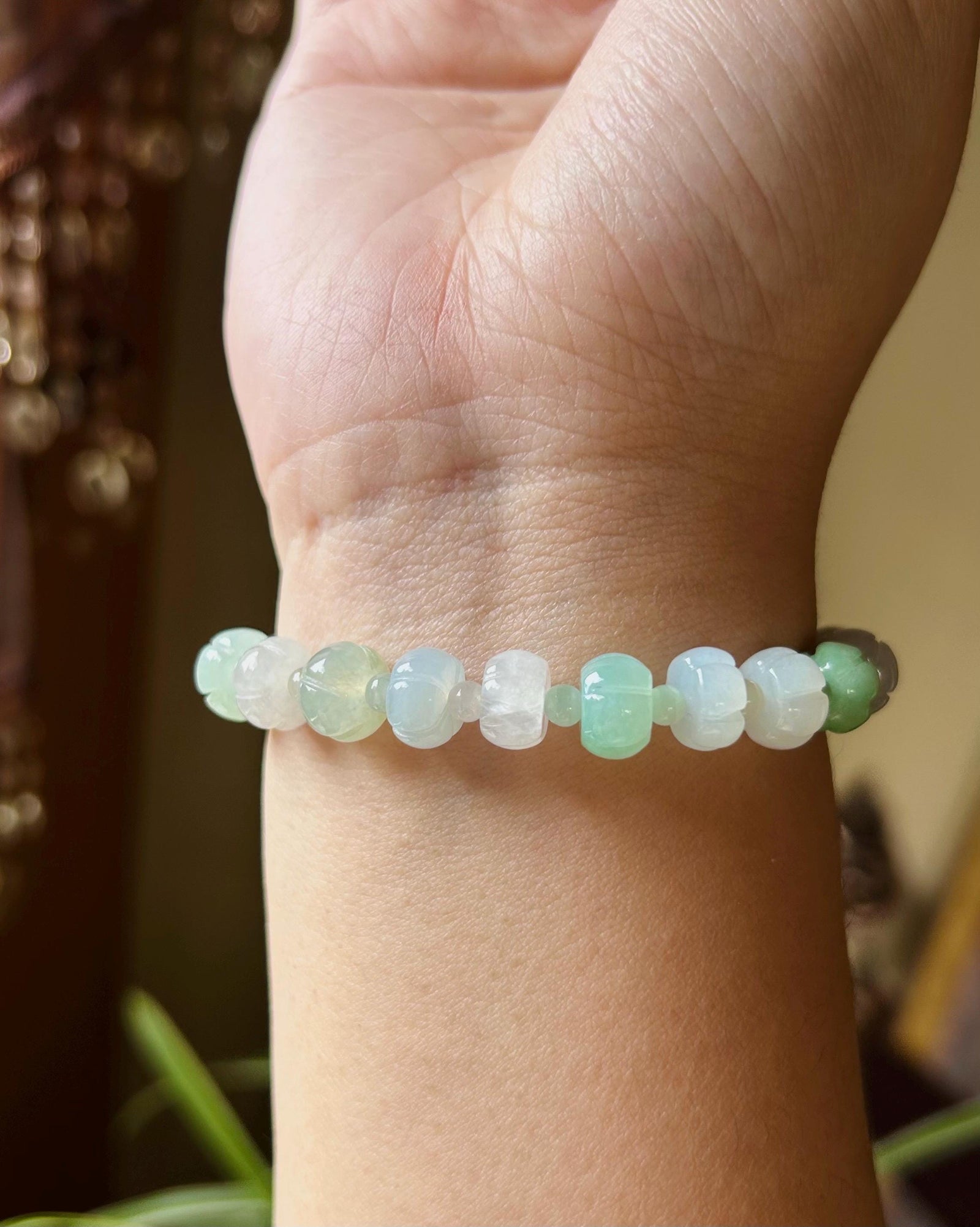 Jadeite Jade Beaded Bracelet Jewelry Gift for Her Genuine Burmese Type A Icy Highly Translucent Multi-Color Pumpkin Beaded Jadeite 9mm