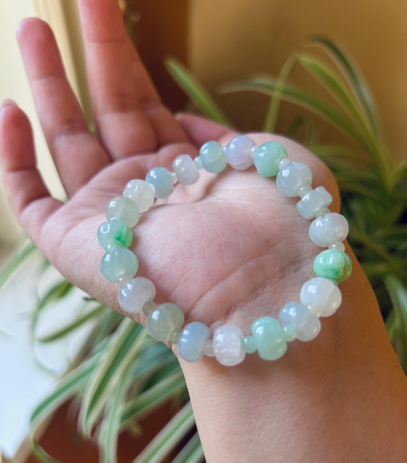 Jadeite Jade Beaded Bracelet Jewelry Gift for Her Genuine Burmese Type A Icy Highly Translucent Multi-Color Pumpkin Beaded Jadeite 9mm