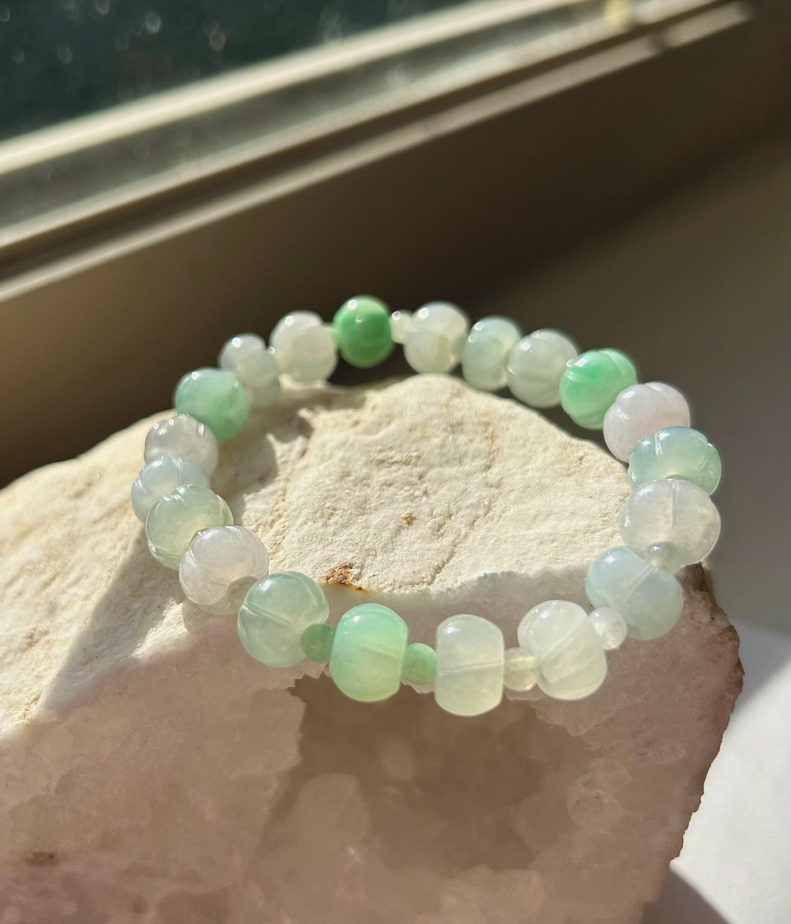 Jadeite Jade Beaded Bracelet Jewelry Gift for Her Genuine Burmese Type A Icy Highly Translucent Multi-Color Pumpkin Beaded Jadeite 9mm