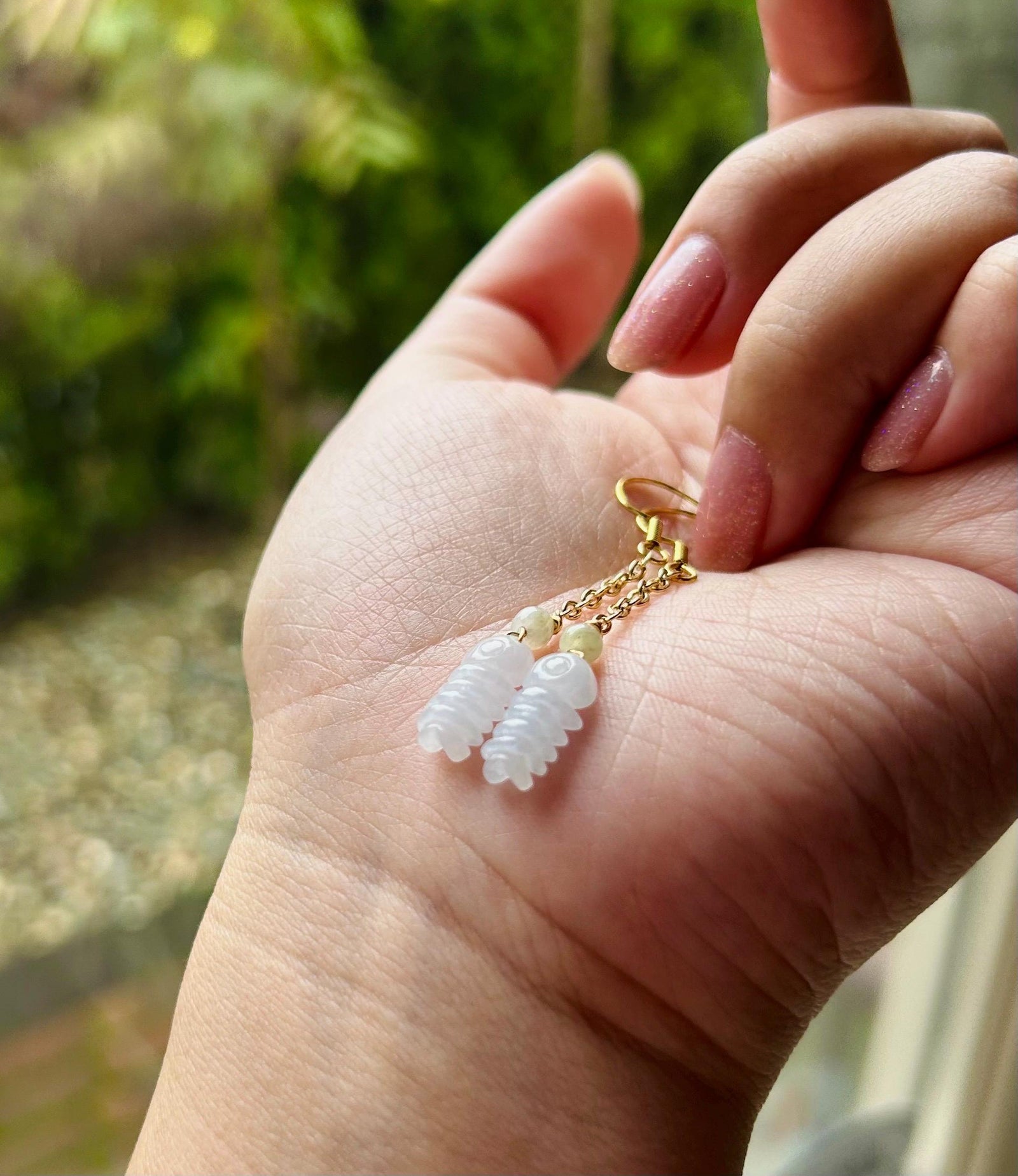 Jadeite Jade Earrings Jewelry Gift for Her Untreated Burma Highly Translucent Icy Type A Jadeite 925 Sterling Silver Hand-carved Fish Bone