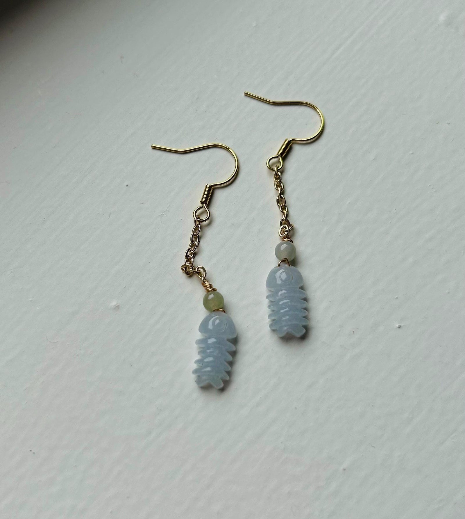 Jadeite Jade Earrings Jewelry Gift for Her Untreated Burma Highly Translucent Icy Type A Jadeite 925 Sterling Silver Hand-carved Fish Bone