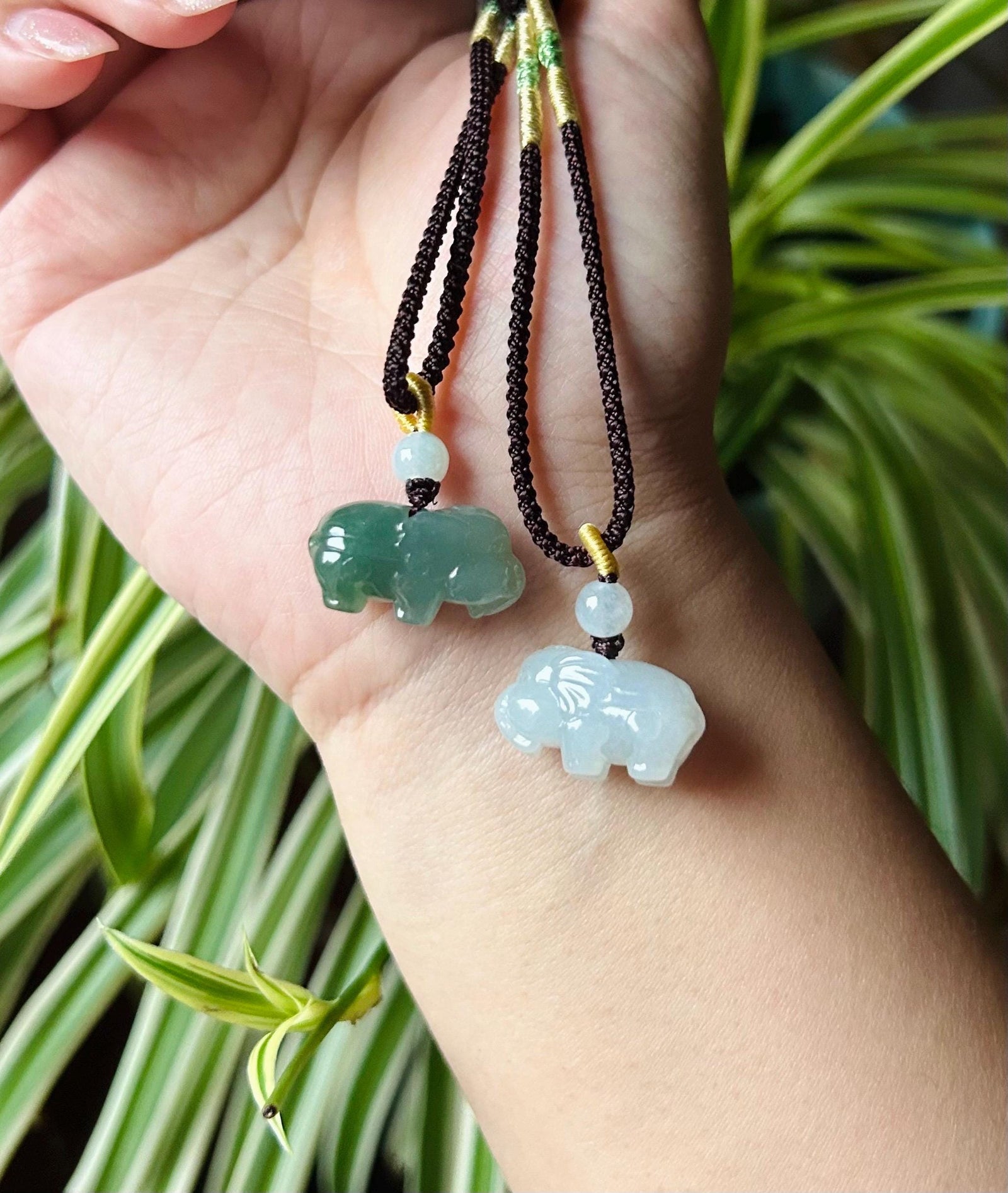 Jadeite Jade Cute Elephant Pendant Handwoven Necklace Jewelry Gift for Her Burmese Untreated Type A Translucent Icy Green & White Jadeite