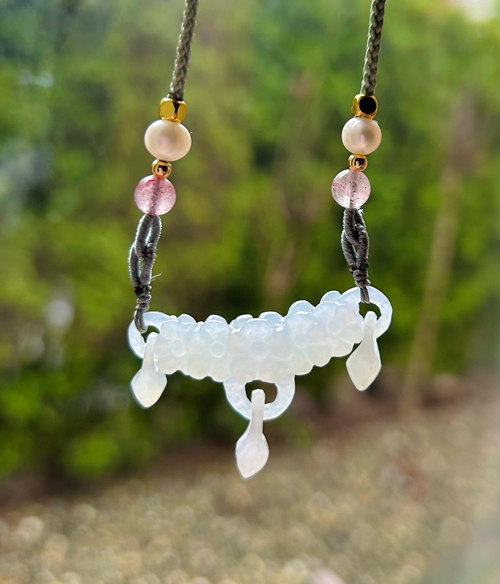 Jadeite Jade Crecent Pendant Jewelry Natural Burmese Untreated Type A Highly Translucent Icy White Jade Carved Flowers Handwowen Necklace