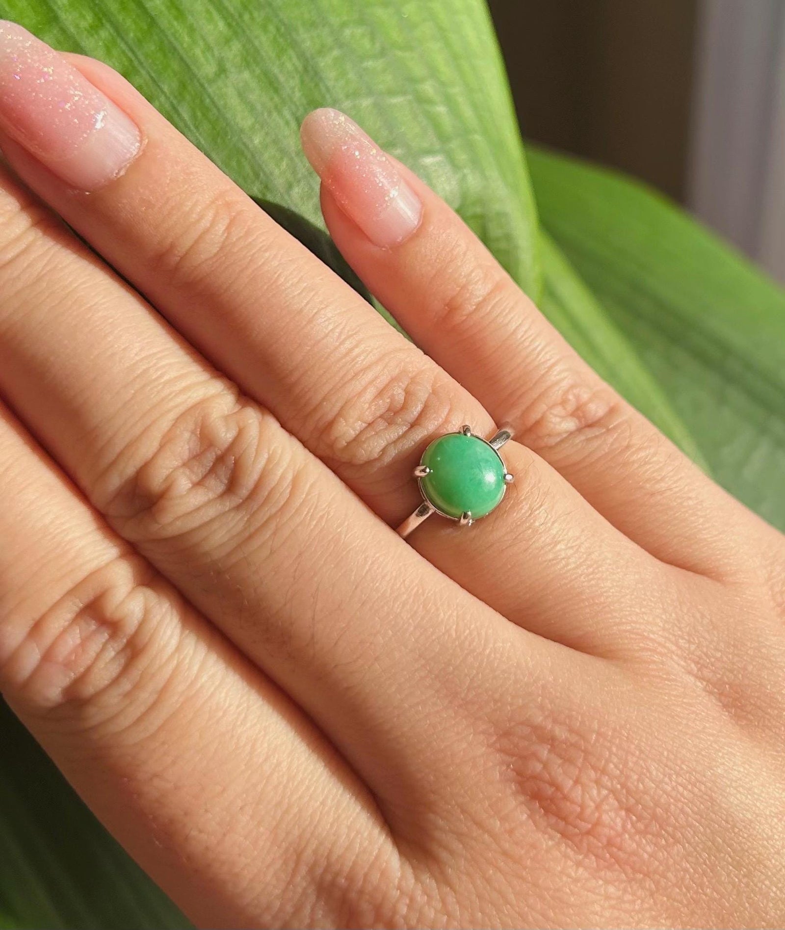 Natural Jadeite Jade Ring Jewelry Translucent Type A Icy Burmese Emerald Green Jadeite Adjustable Sterling Silver Ring Handmade Gift for Her